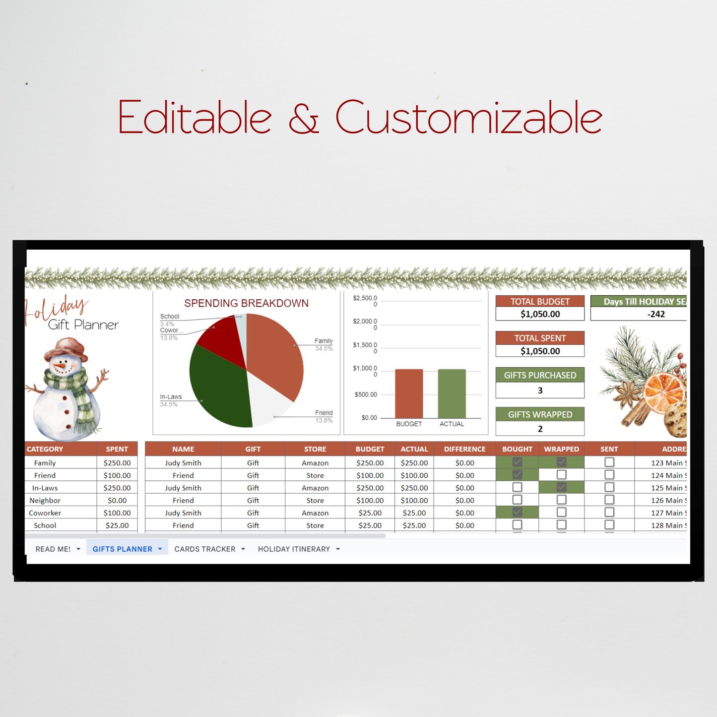 Holiday Gift Tracker Google Sheet, Christmas Planner Spreadsheet, Holiday Presents, Christmas Budget Sheet, Christmas Present Tracking