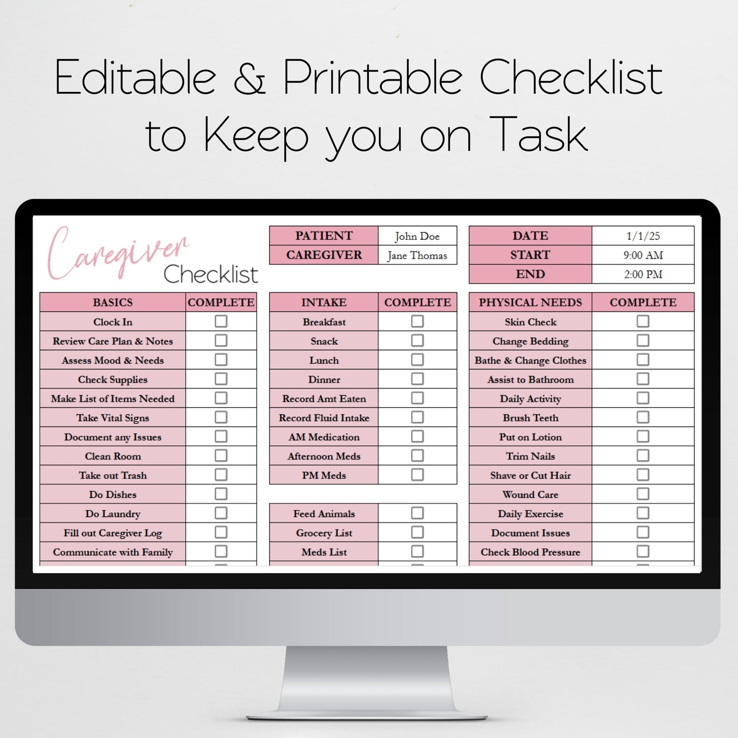 Caregiver Log & Caregiver Checklist Tracker Template for Google Sheets and Excel Spreadsheet