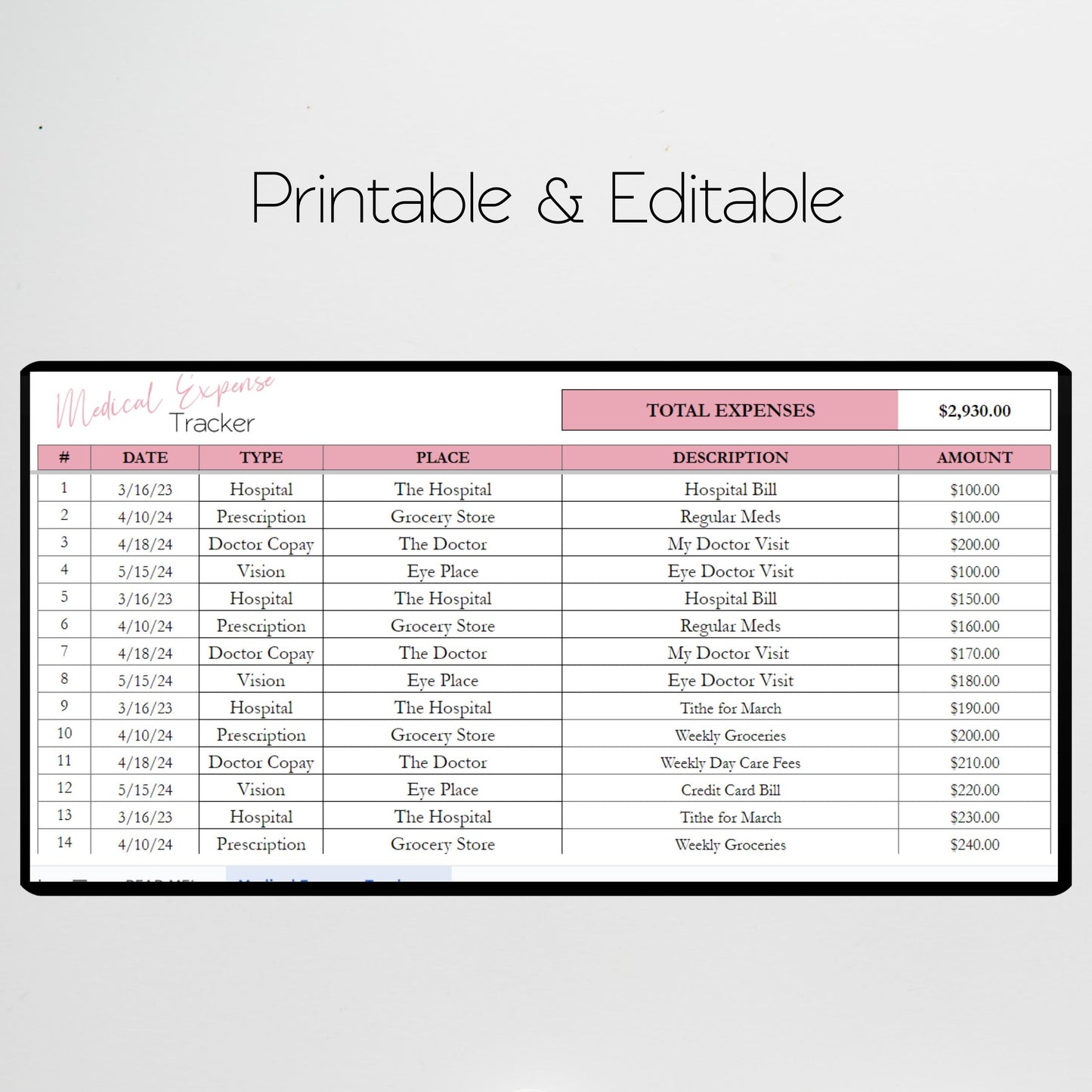 Medical expense Tracker Excel Spreadsheet Google Sheet