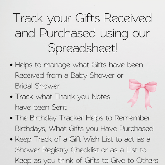 Gift Tracker for Baby Shower Gift Log, Bridal Shower Gift List Template Excel Spreadsheet and Google Sheets
