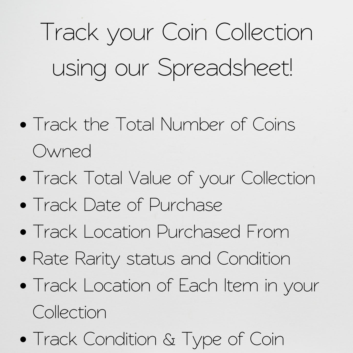 Coin Collection Inventory Spreadsheet Google Sheets and Excel Tracker