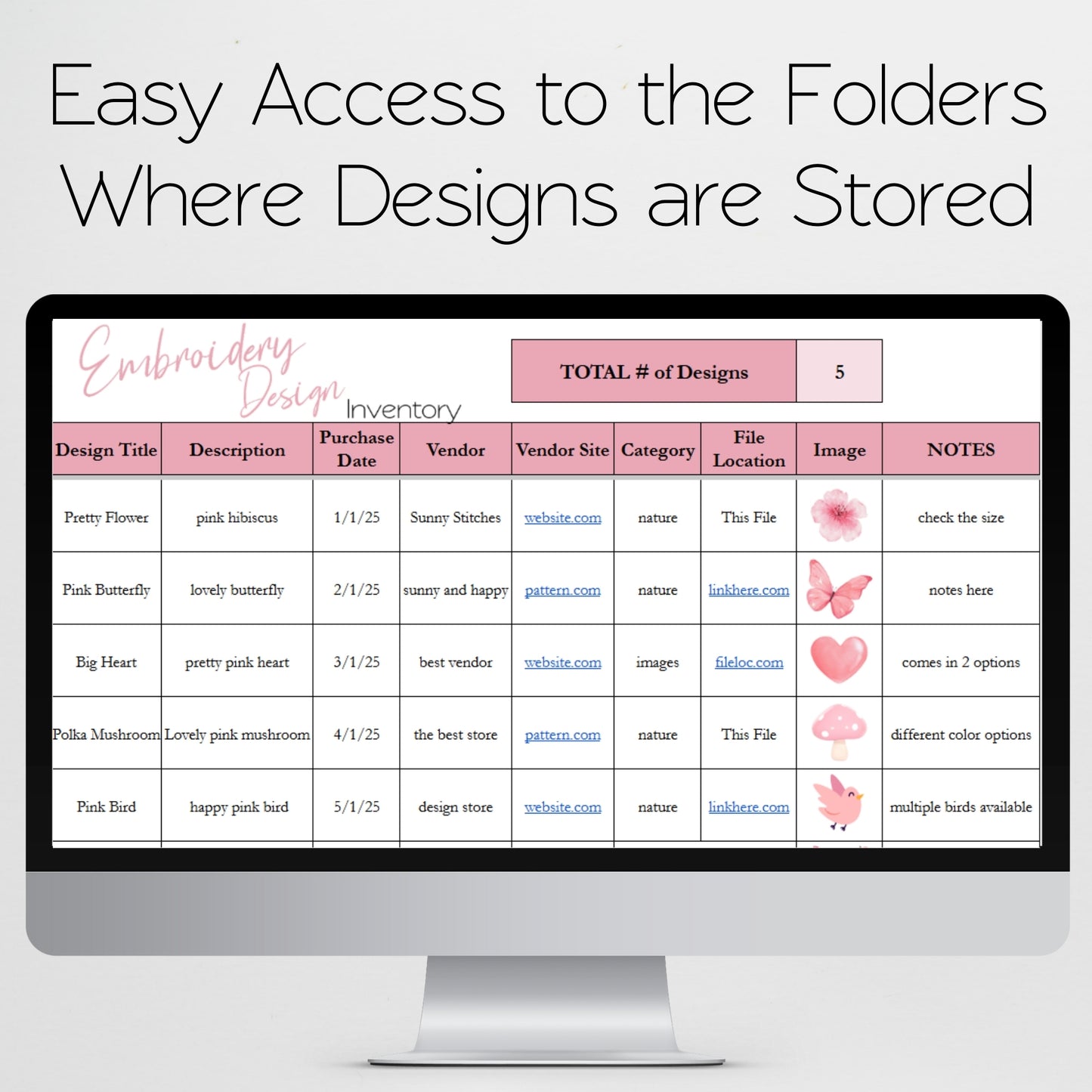 Embroidery Design Inventory Tracker Google Sheets Template and Excel Spreadsheet