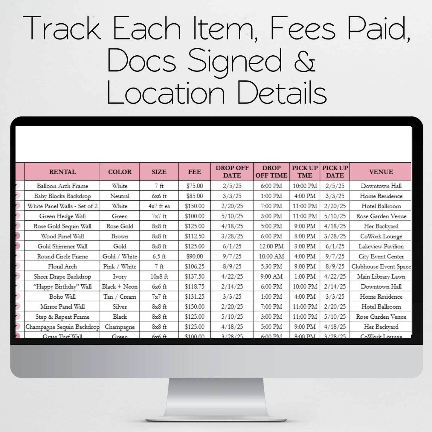 Backdrop Rental Tracker for Party Business Google Sheets and Excel Spreadsheet