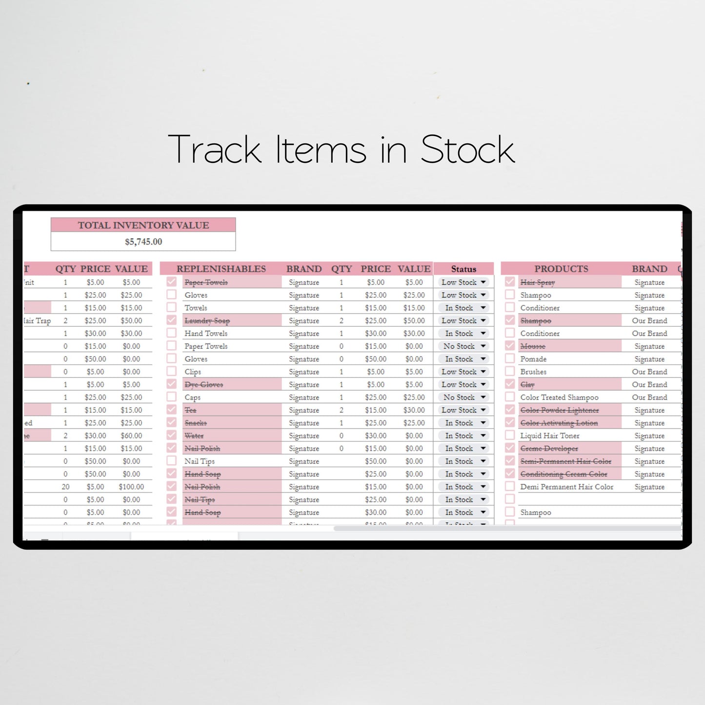 Salon Inventory Tracker Google Sheet