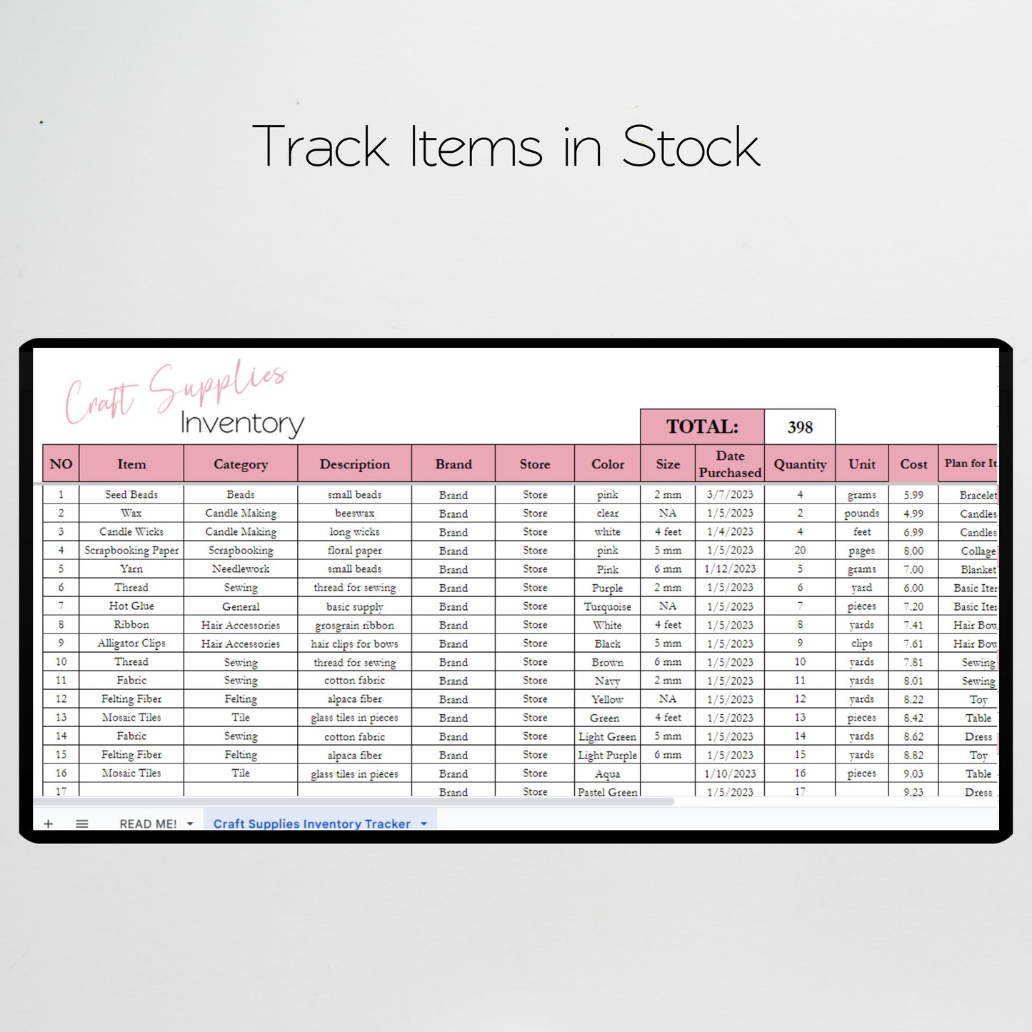 Craft Supplies Inventory Tracker Google Sheet