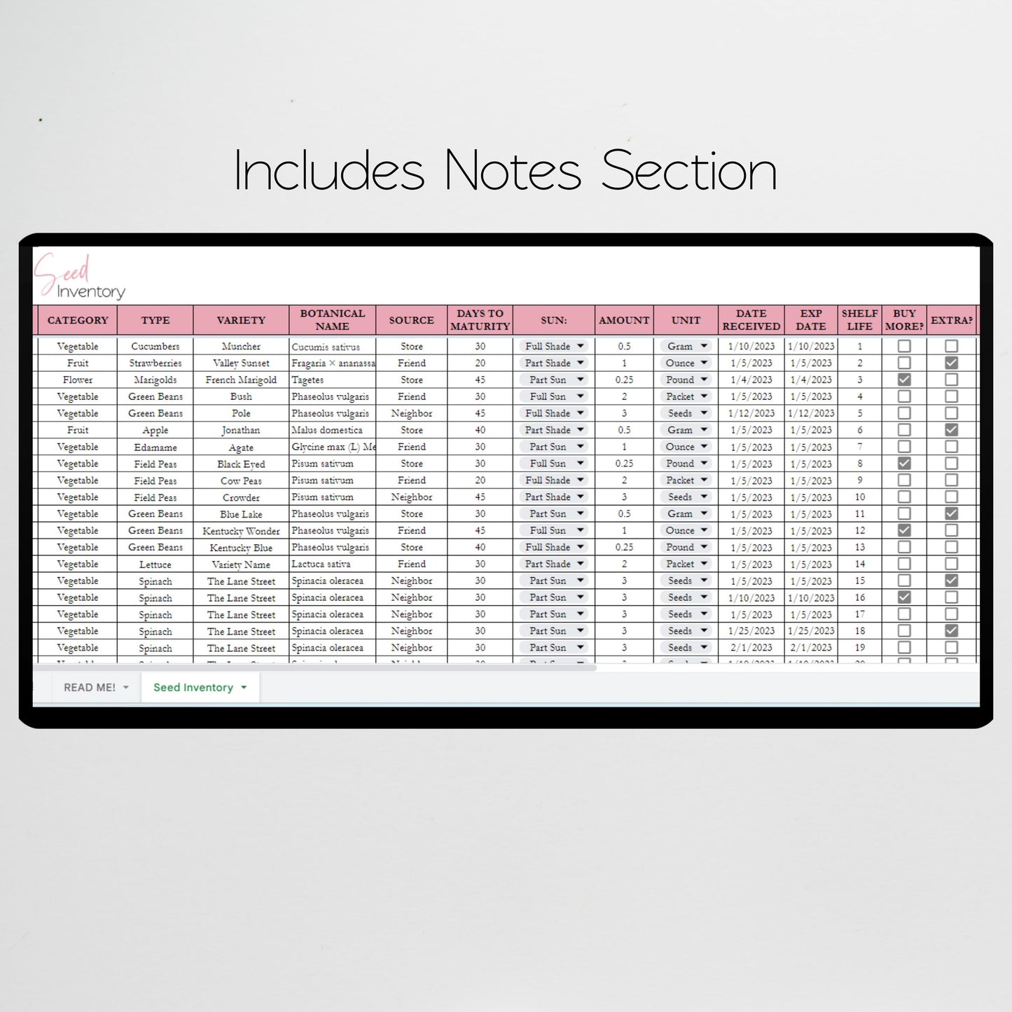 Seed Inventory Google Sheet and Excel Spreadsheet