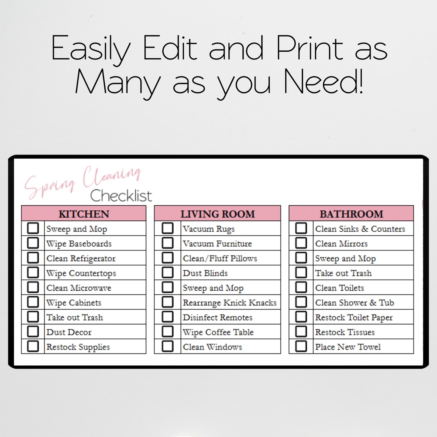 Spring Cleaning Checklist Google Sheets and Excel Spreadsheet Template