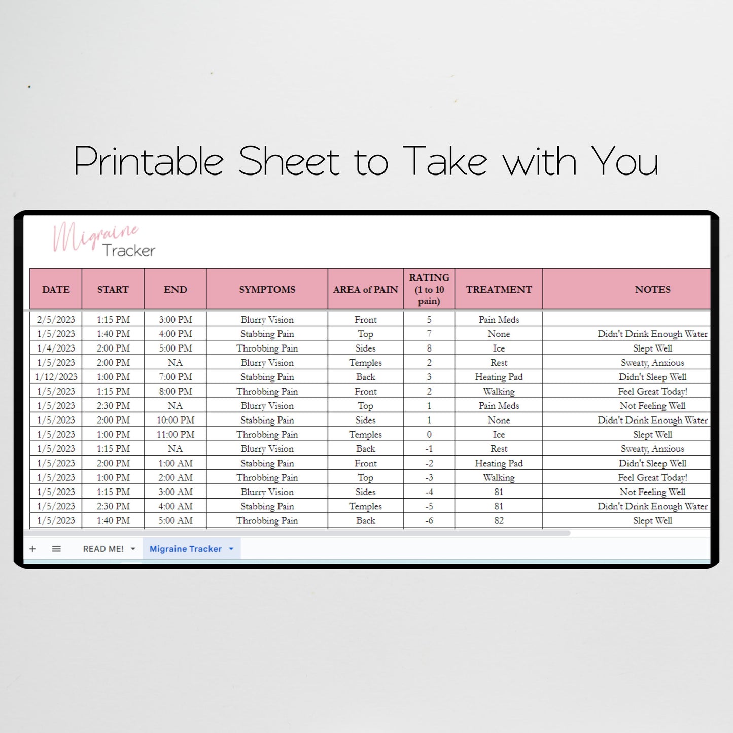 Migraine Tracker Google Sheet and Excel Spreadsheet