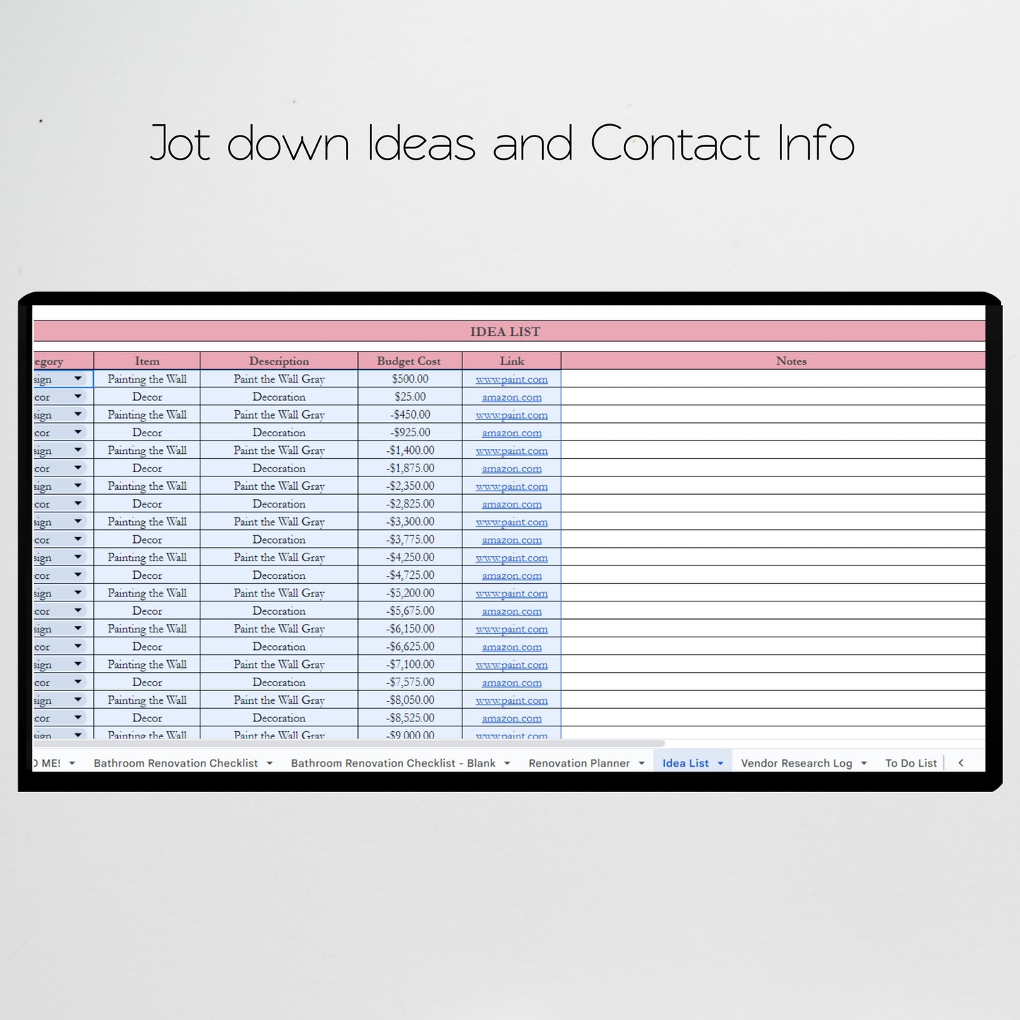 Bathroom Renovation Planner Google Sheet