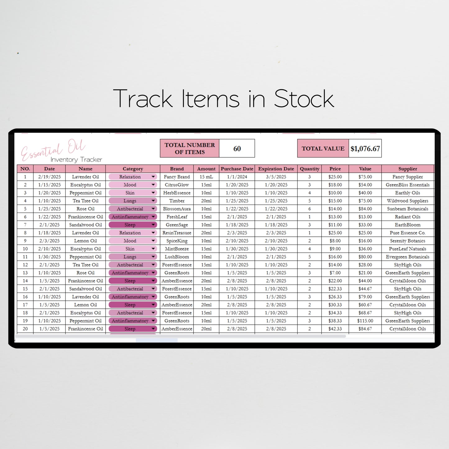 Essential Oil Inventory Tracker Template Google Sheet and Excel Spreadsheet