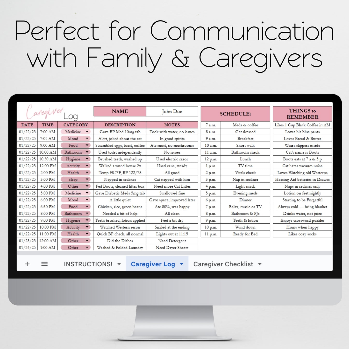 Caregiver Log & Caregiver Checklist Tracker Template for Google Sheets and Excel Spreadsheet