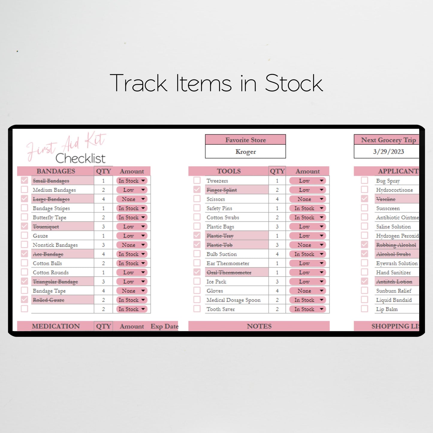 First Aid Kit Checklist Google Sheet and Excel Spreadsheet