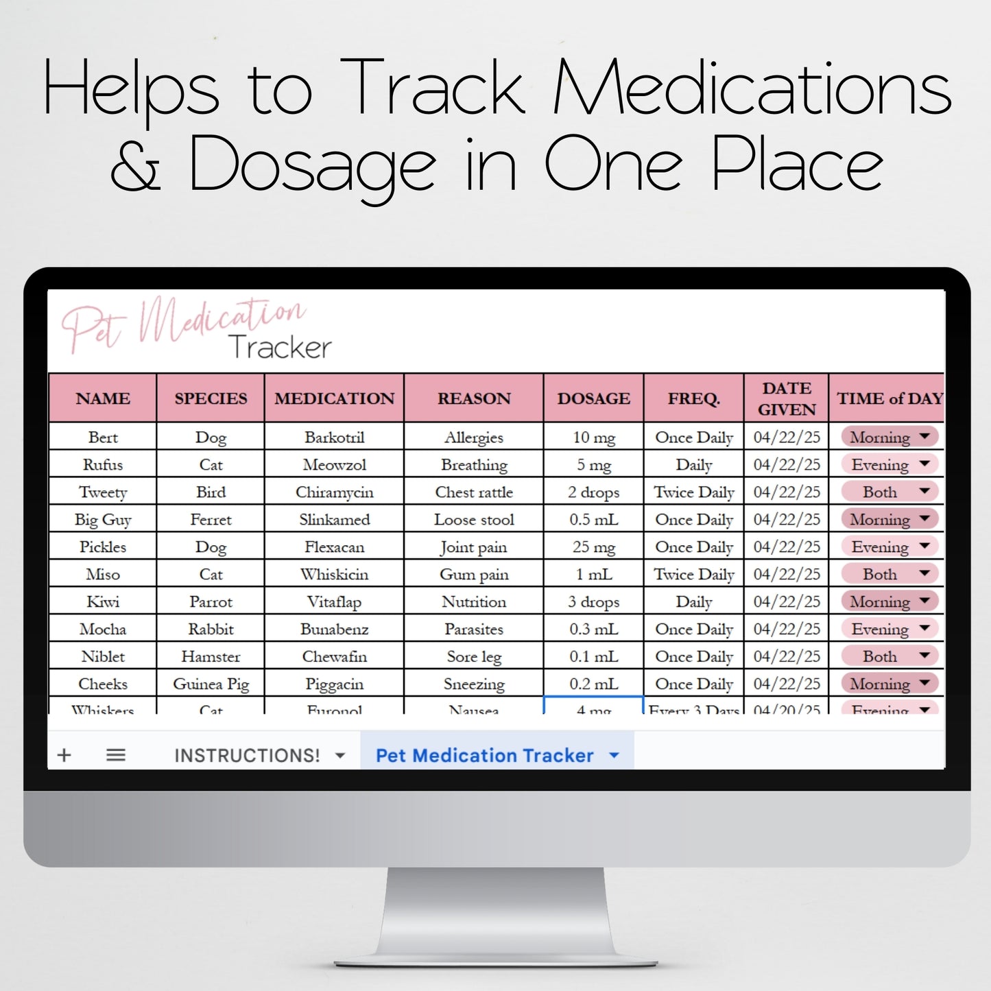 Pet Medication Tracker Template for Google Sheets and Excel Spreadsheet