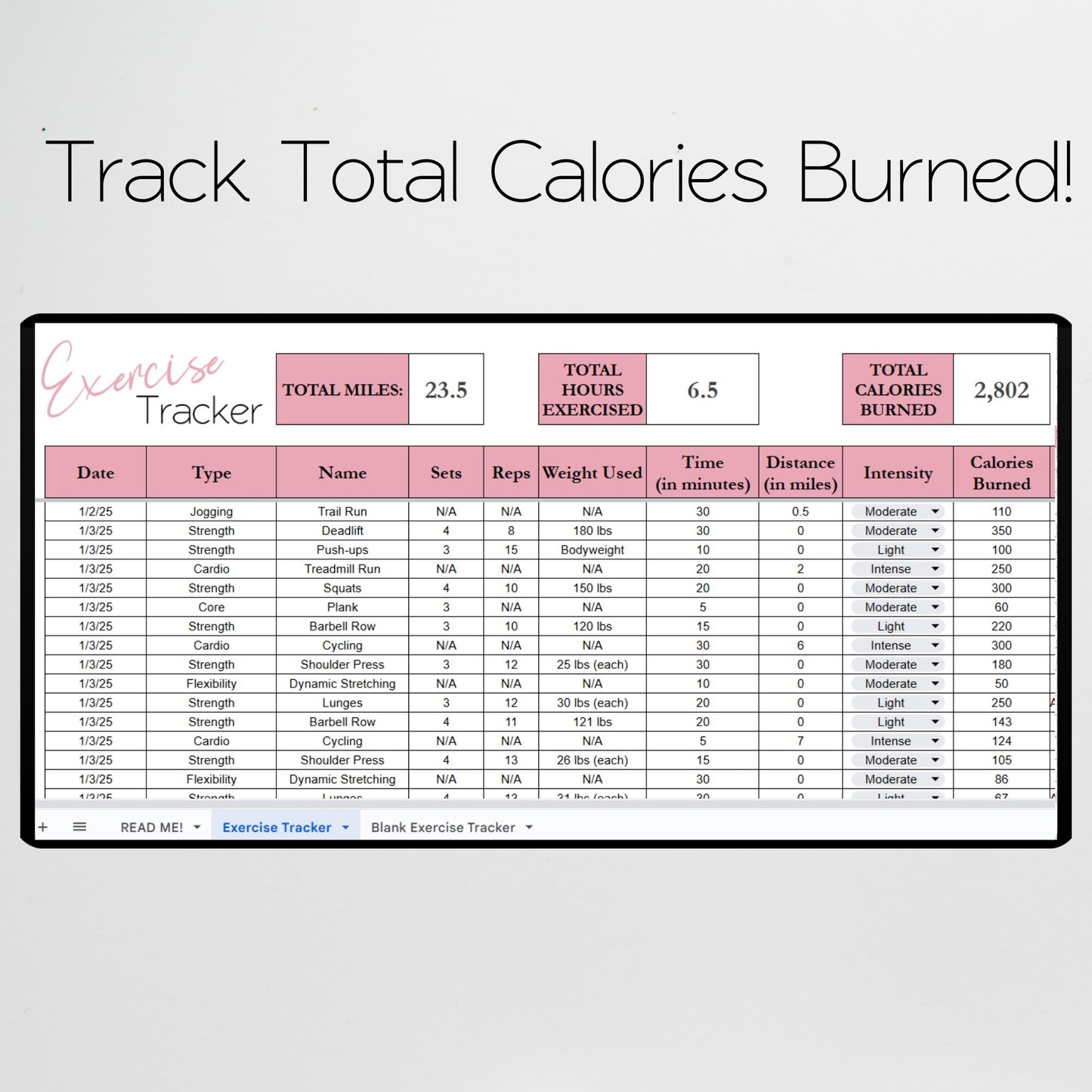 Exercise Tracker Google Sheet Template and Excel Spreadsheet