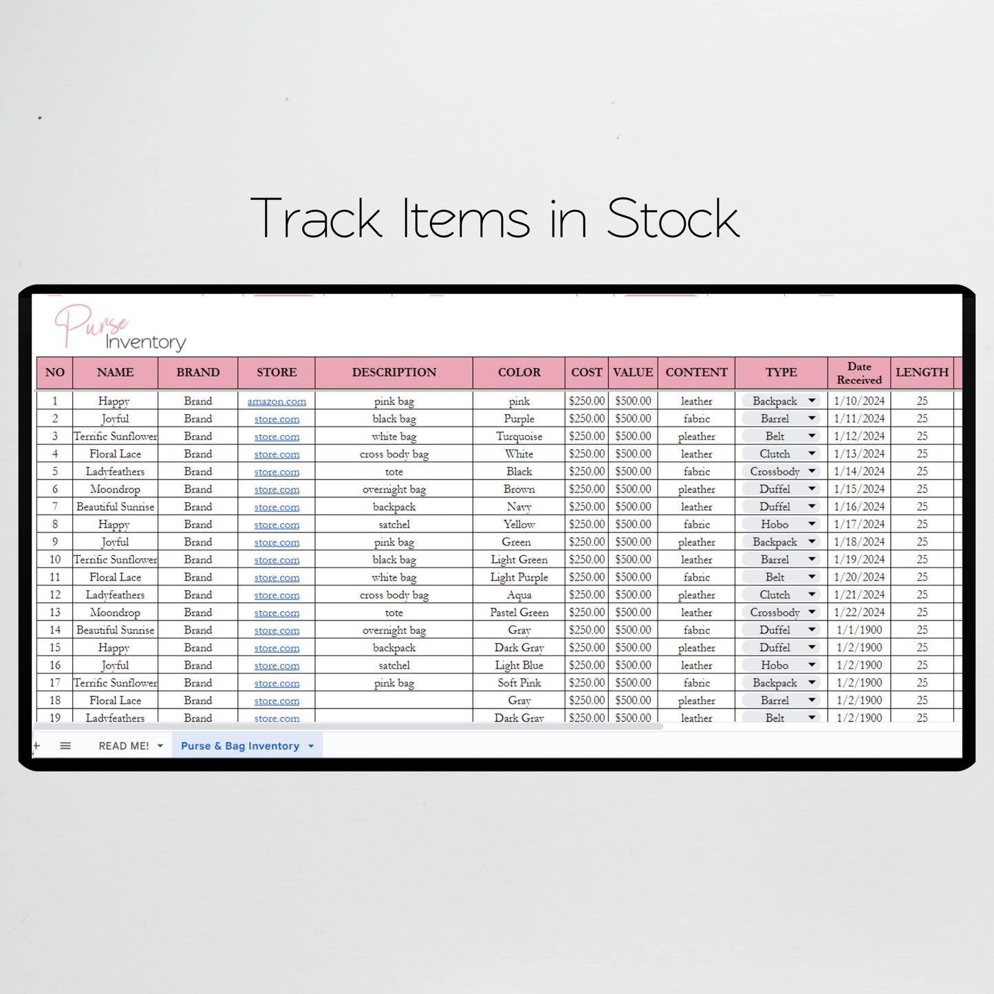 Purse Inventory Tracker Google Sheets