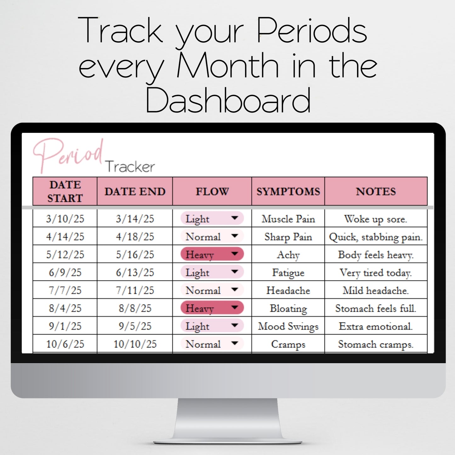 Period Tracker Template Google Sheets and Excel Spreadsheet