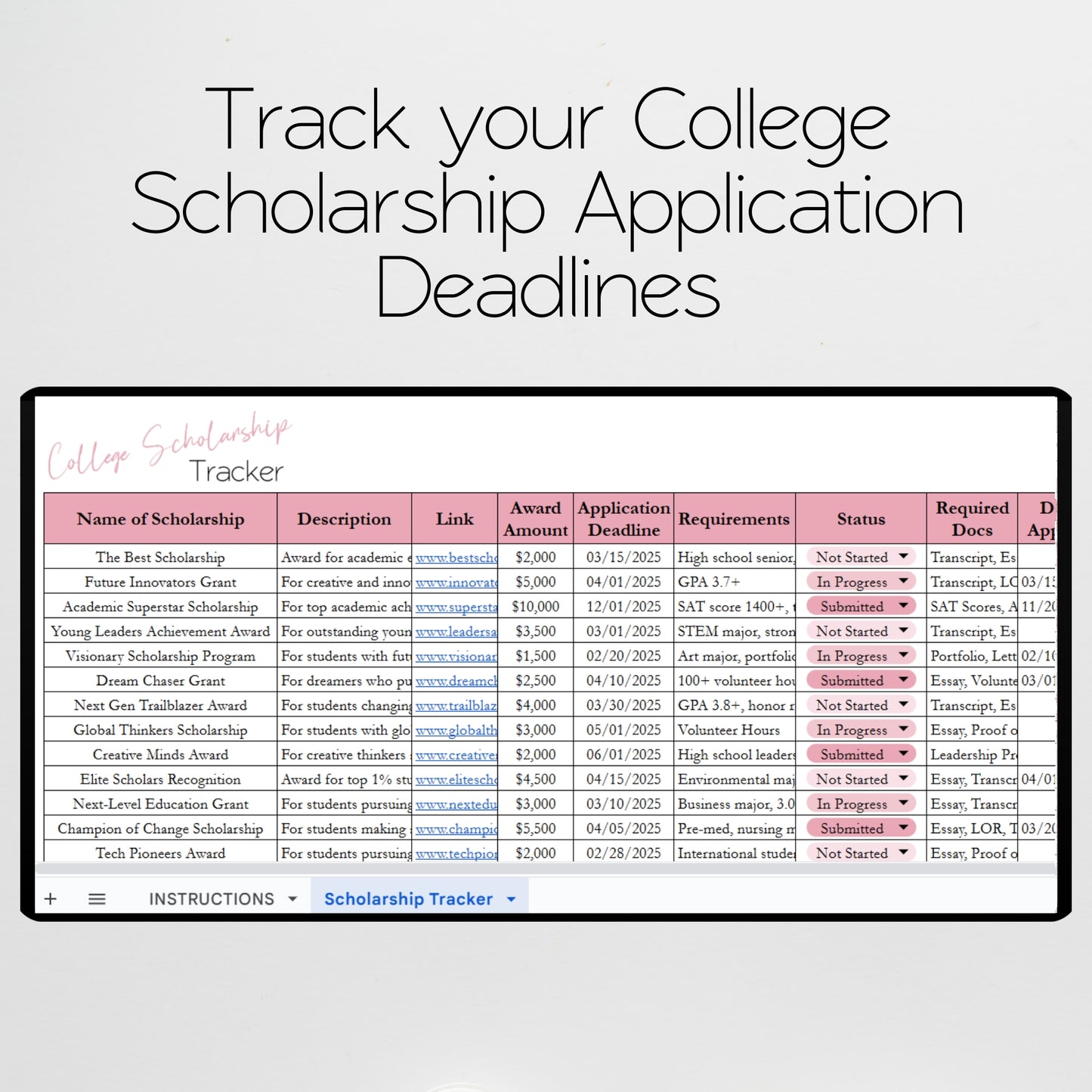 College Scholarship Tracker Template Google Sheets and Excel Spreadsheet