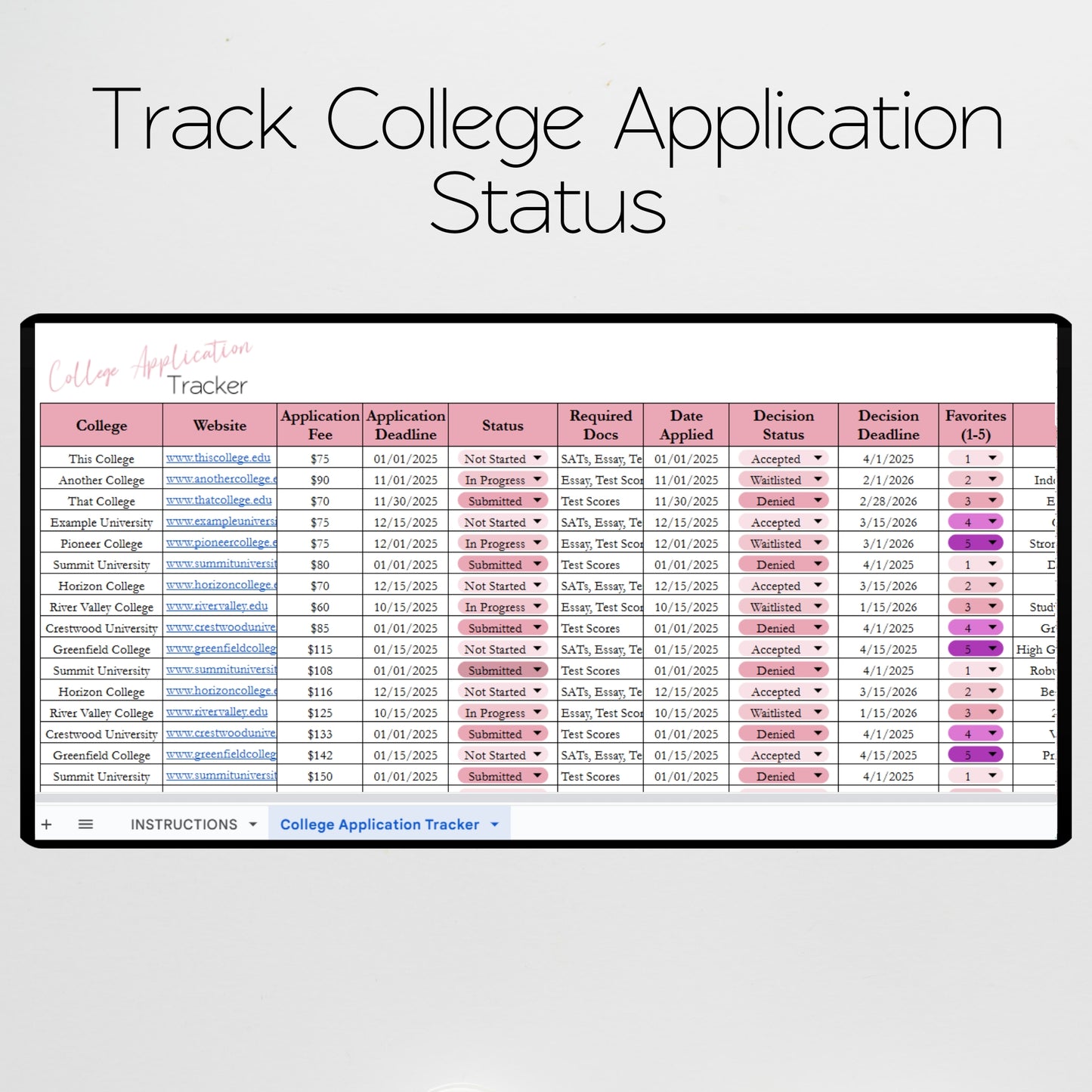 College Application Tracker Template Google Sheets and Excel Spreadsheet