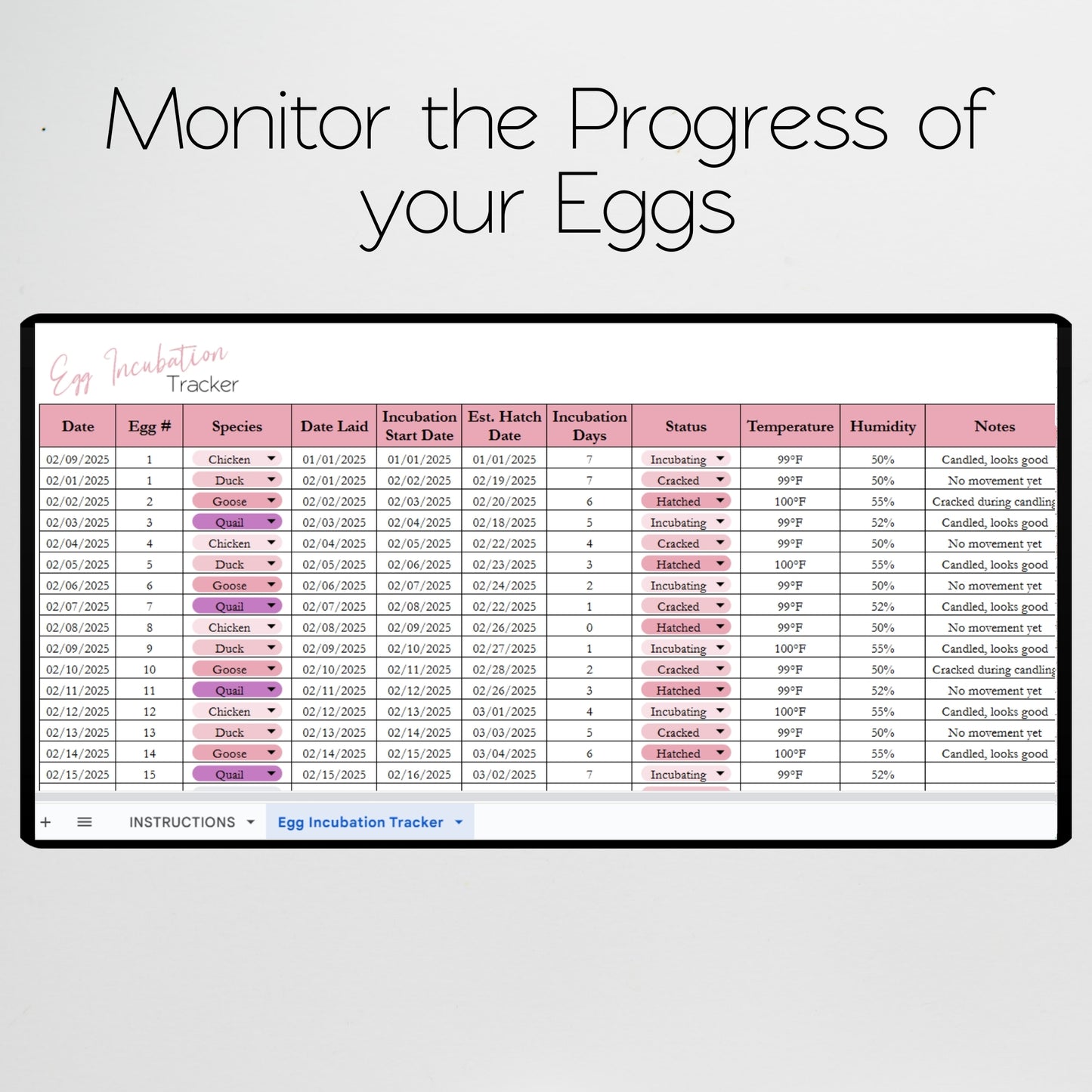 Egg Hatching Tracker Template Google Sheets and Excel Spreadsheet