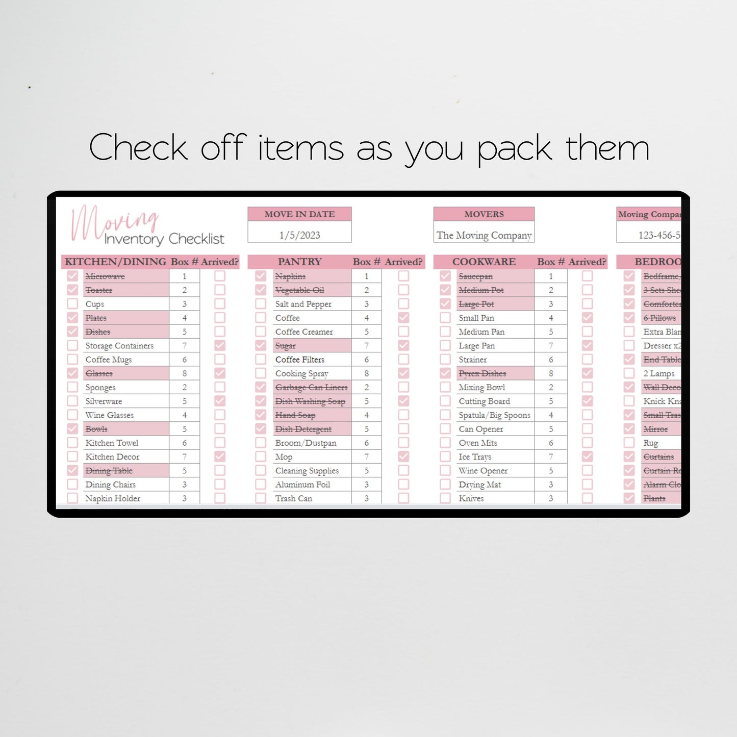 Moving Inventory Checklist Google Sheet and Excel Spreadsheet