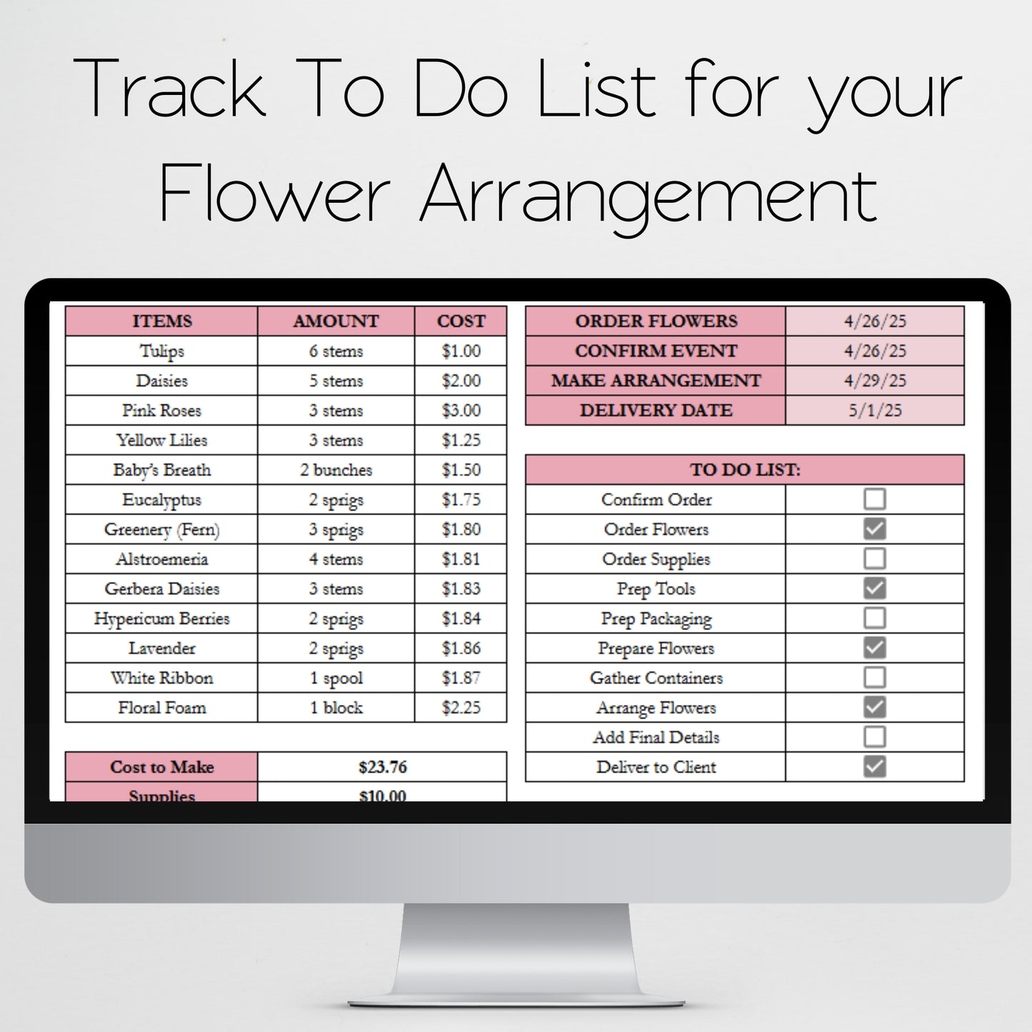 Flower Arrangement Planner Template Google Sheets and Excel Spreadsheet