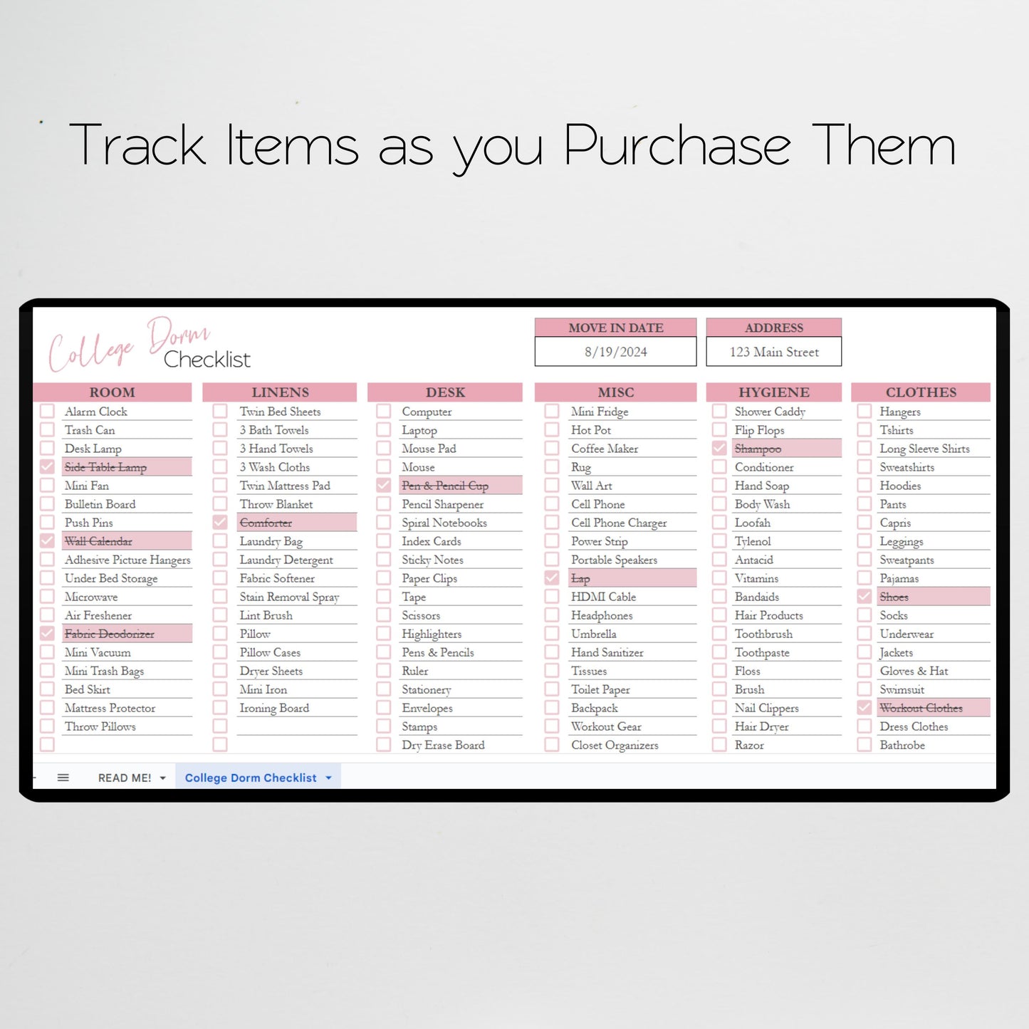 College Dorm Room Essentials Checklist Template Google Sheets Excel Spreadsheet