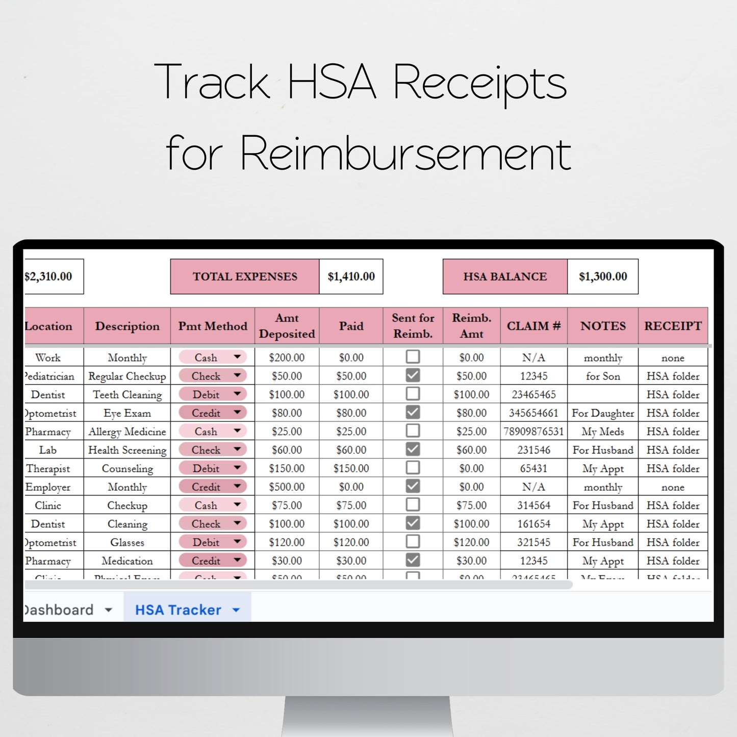 HSA Tracker Template FSA Tracker Google Sheets and Excel Spreadsheet