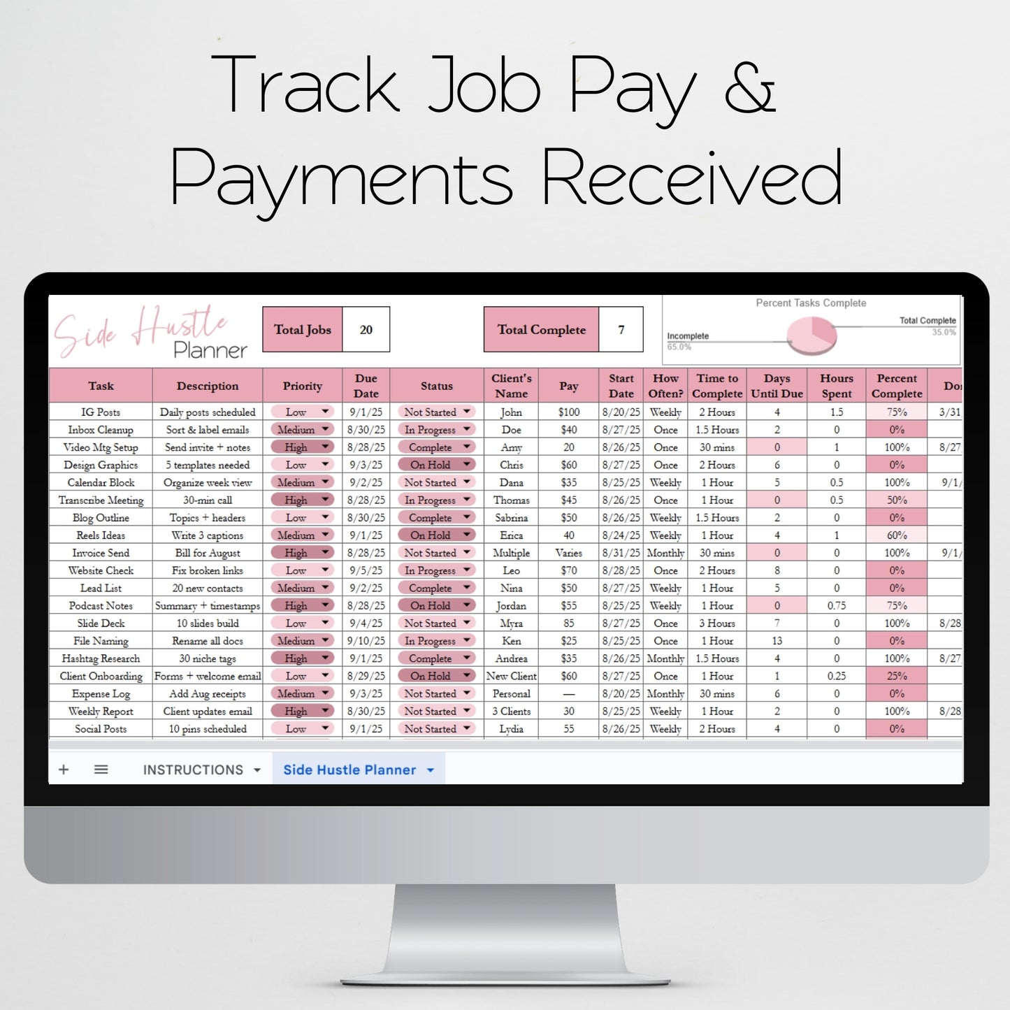 Side Hustle Planner Template for Google Sheets and Excel Spreadsheet