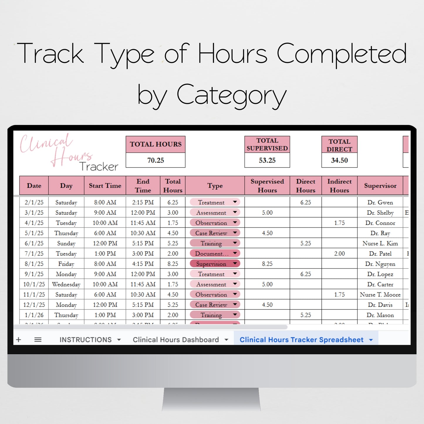 Clinical Hours Tracker Template Excel Spreadsheet and Google Sheets