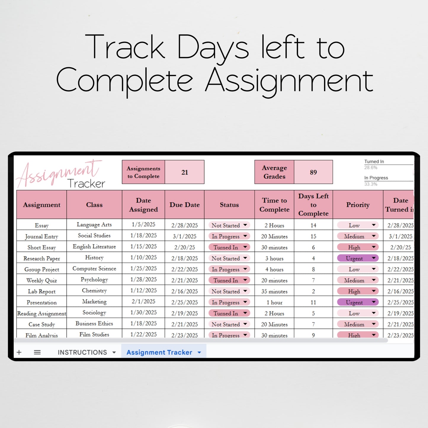 Assignment Tracker Template Google Sheet and Excel Spreadsheet