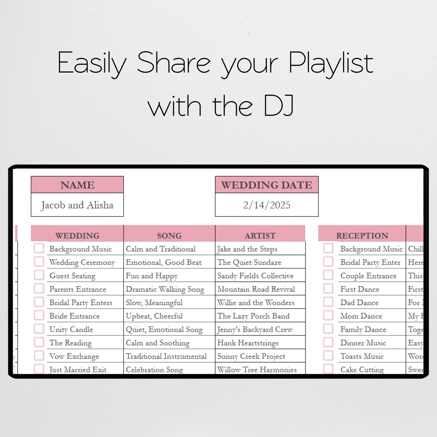 Wedding Song Playlist Template Google Sheets and Excel Spreadsheet