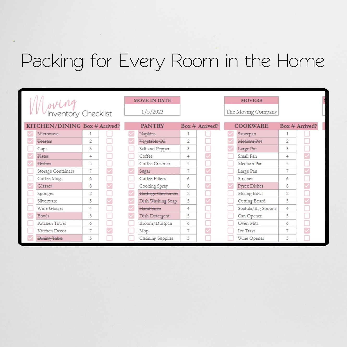 Moving Inventory Checklist Google Sheet and Excel Spreadsheet