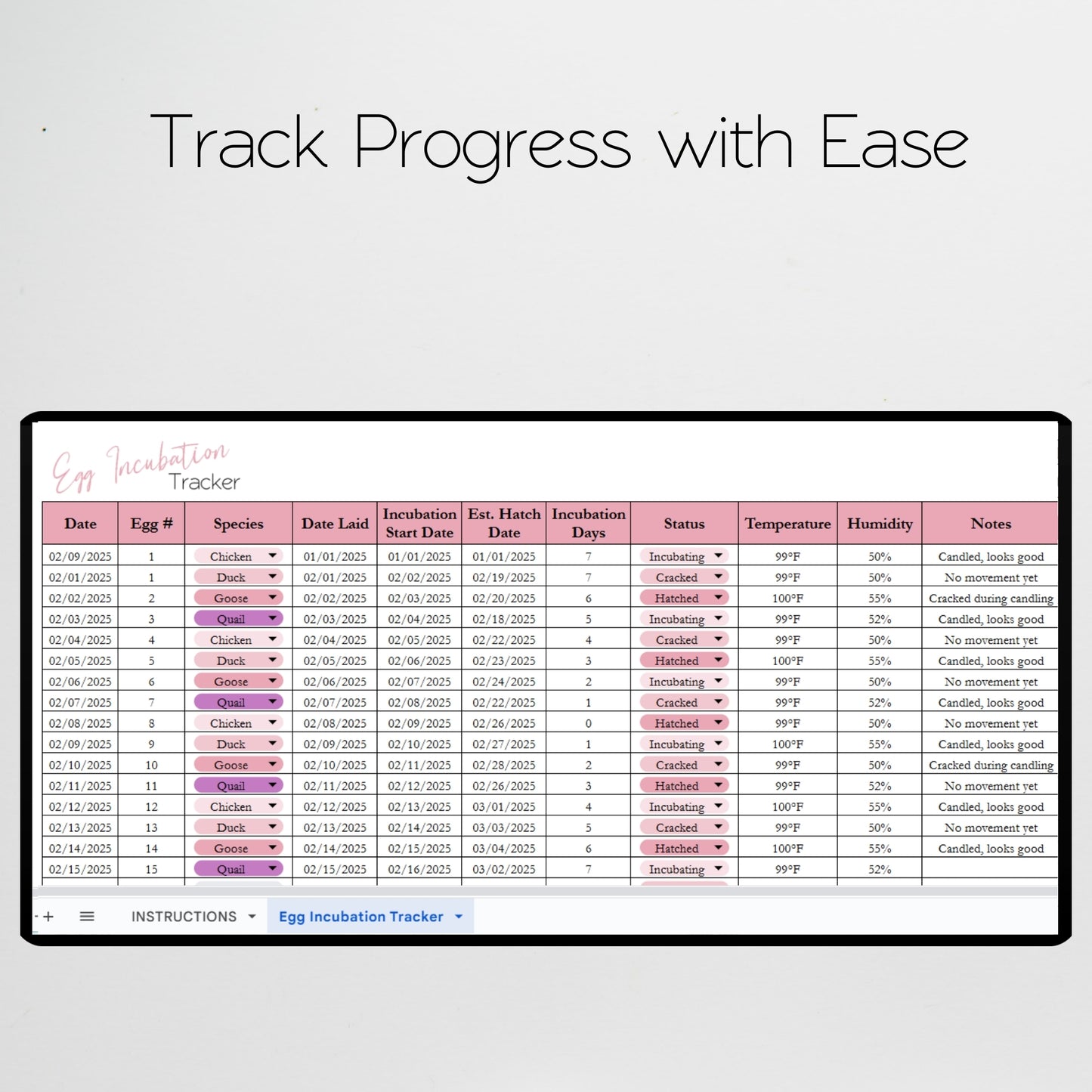 Egg Hatching Tracker Template Google Sheets and Excel Spreadsheet