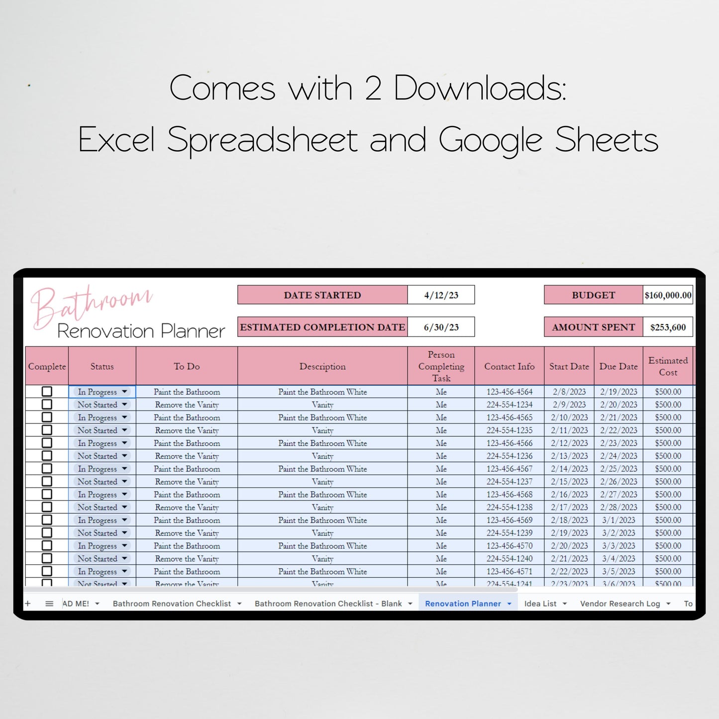 Bathroom Renovation Planner Google Sheet