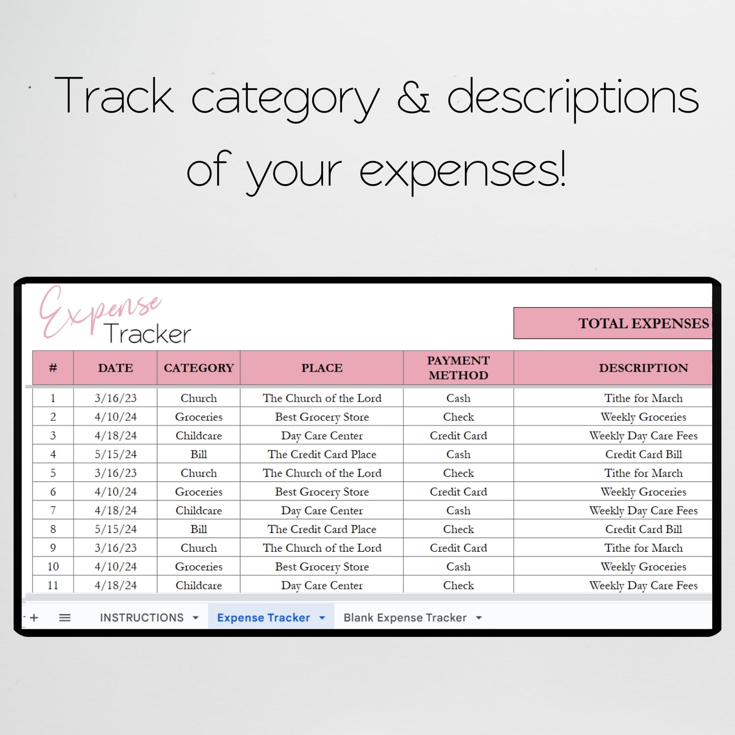 Expense Tracker Google Sheet, Expenses Log Excel Spreadsheet
