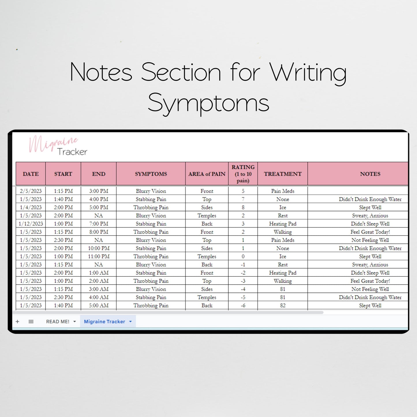 Migraine Tracker Google Sheet and Excel Spreadsheet