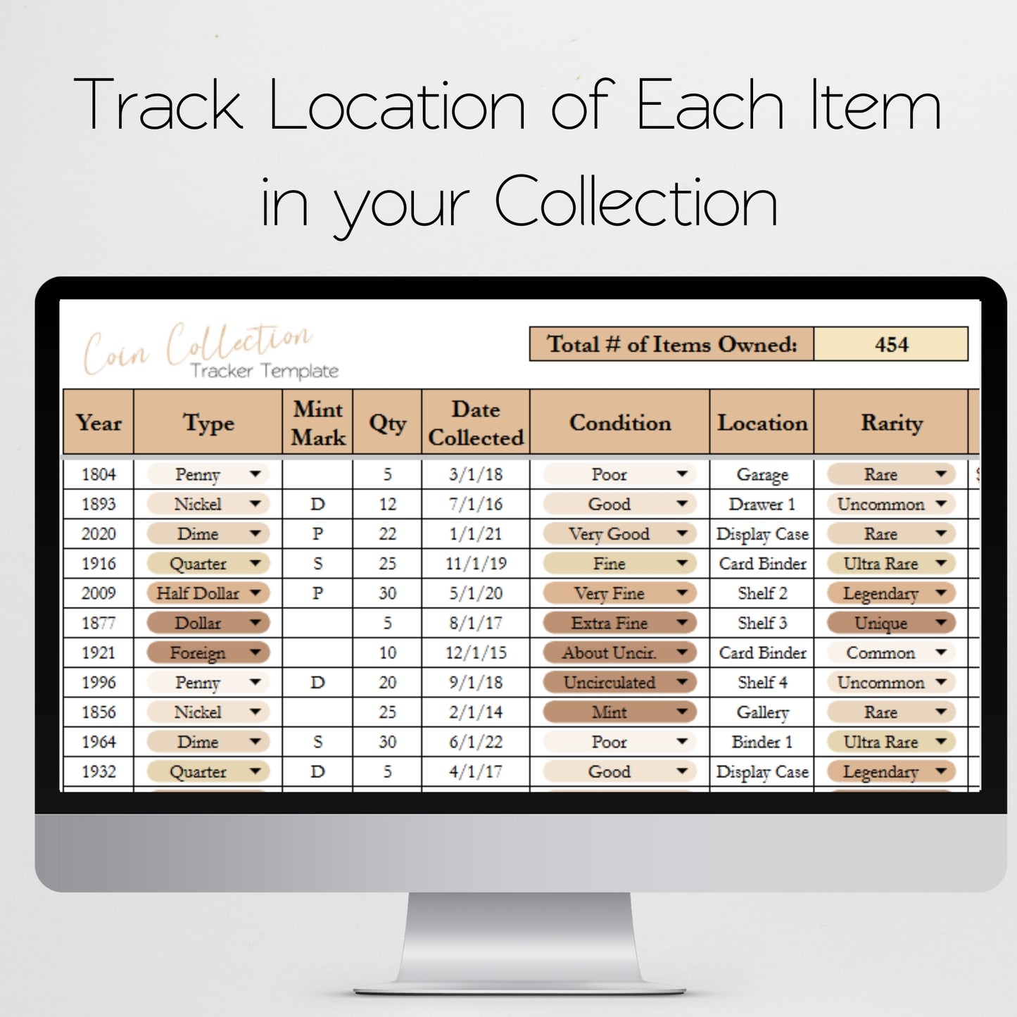 Coin Collection Inventory Spreadsheet Google Sheets and Excel Tracker