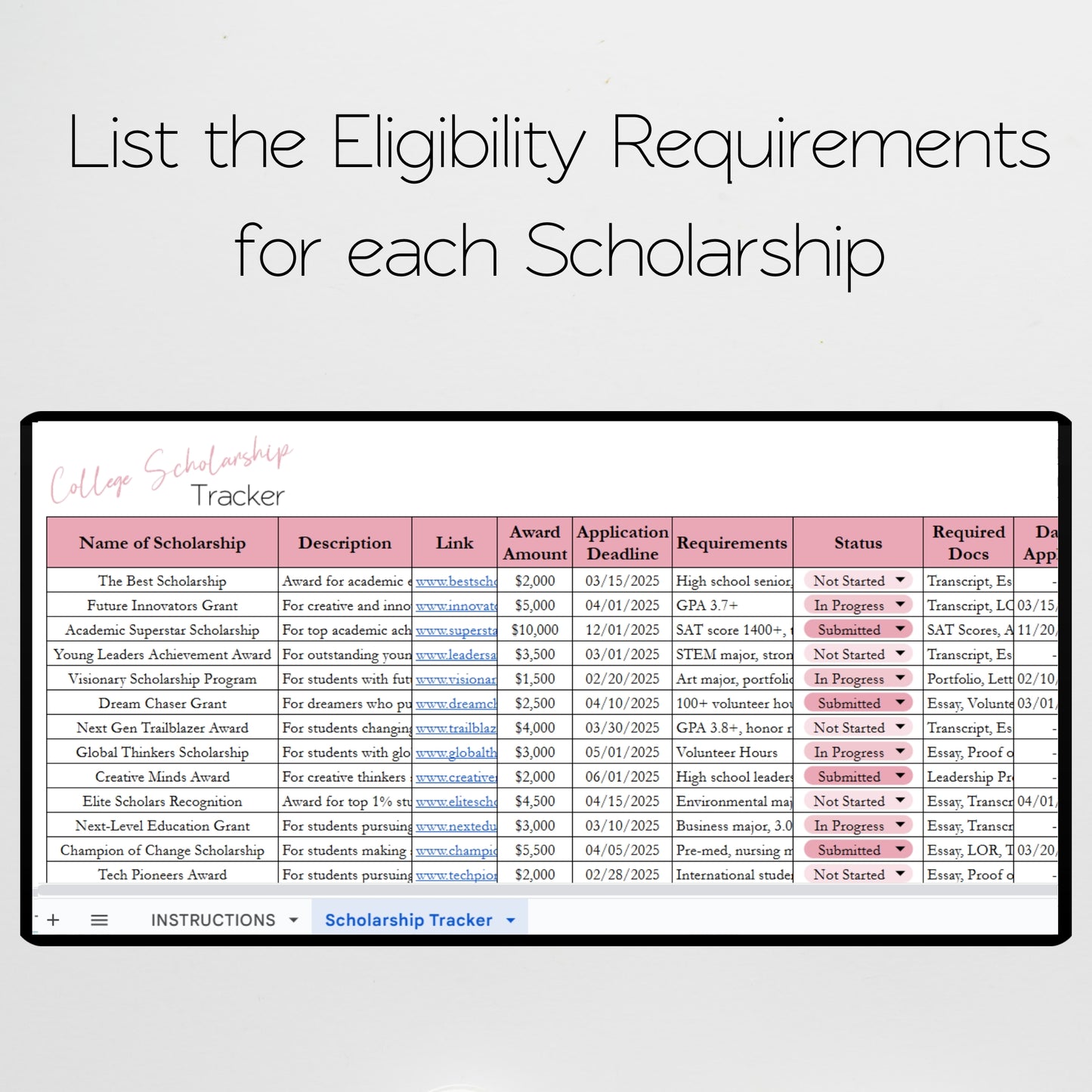 College Scholarship Tracker Template Google Sheets and Excel Spreadsheet