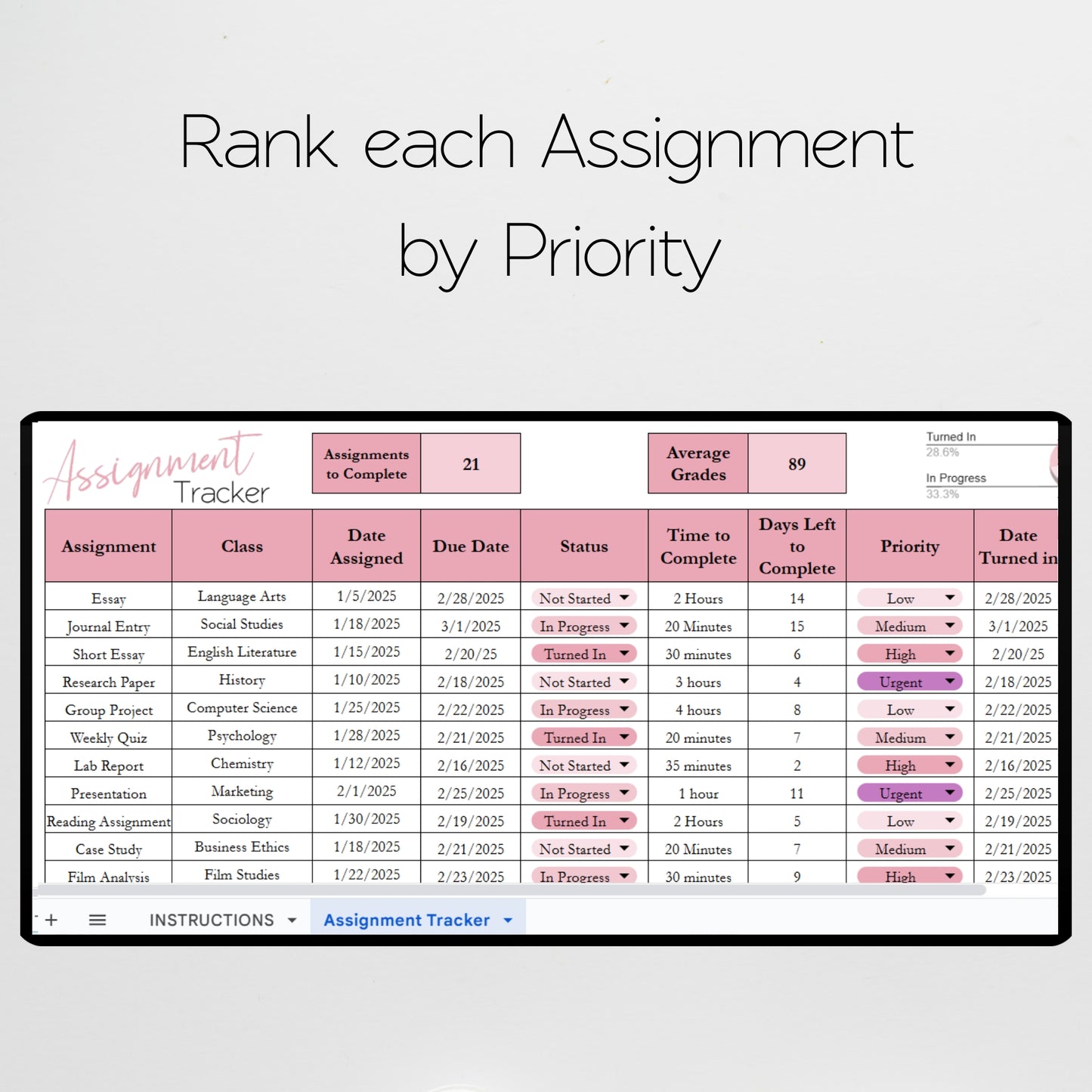 Assignment Tracker Template Google Sheet and Excel Spreadsheet