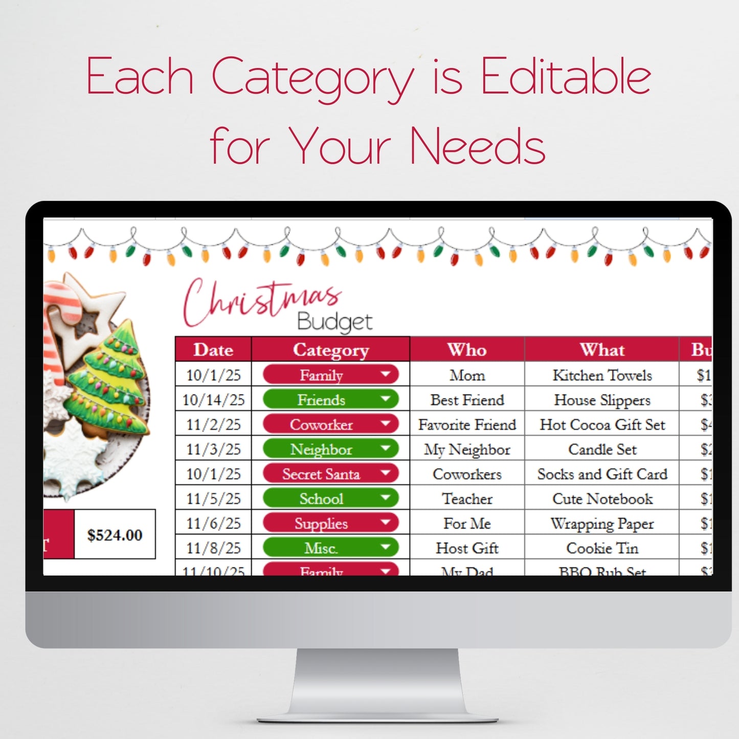 Christmas Budget Spreadsheet Template, Excel Spreadsheet and Google Sheet