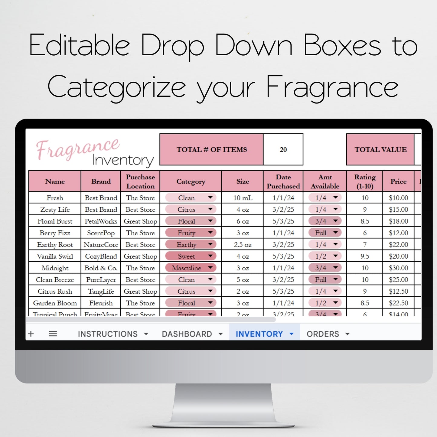 Fragrance Collection Tracker Template Inventory Tracking for Google Sheets and Excel Spreadsheet
