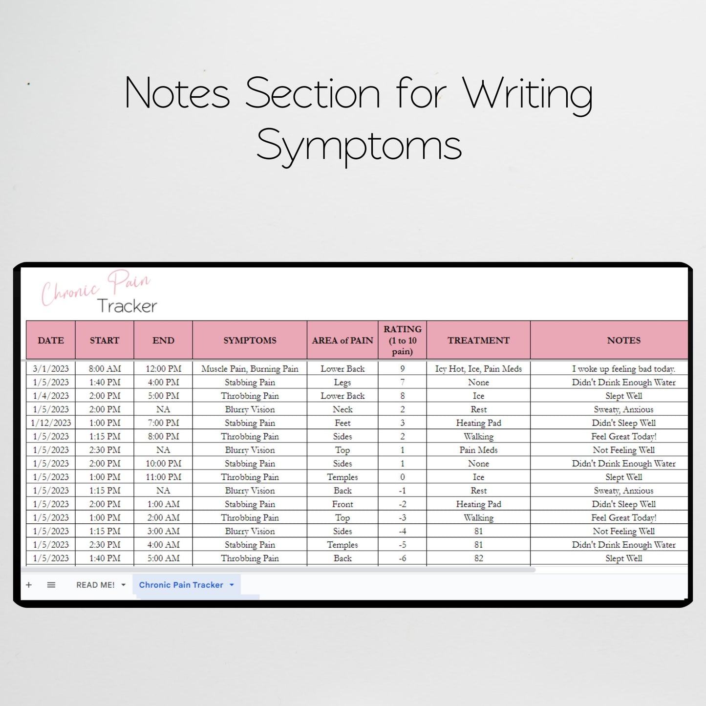 Chronic Pain Tracker Google Sheet