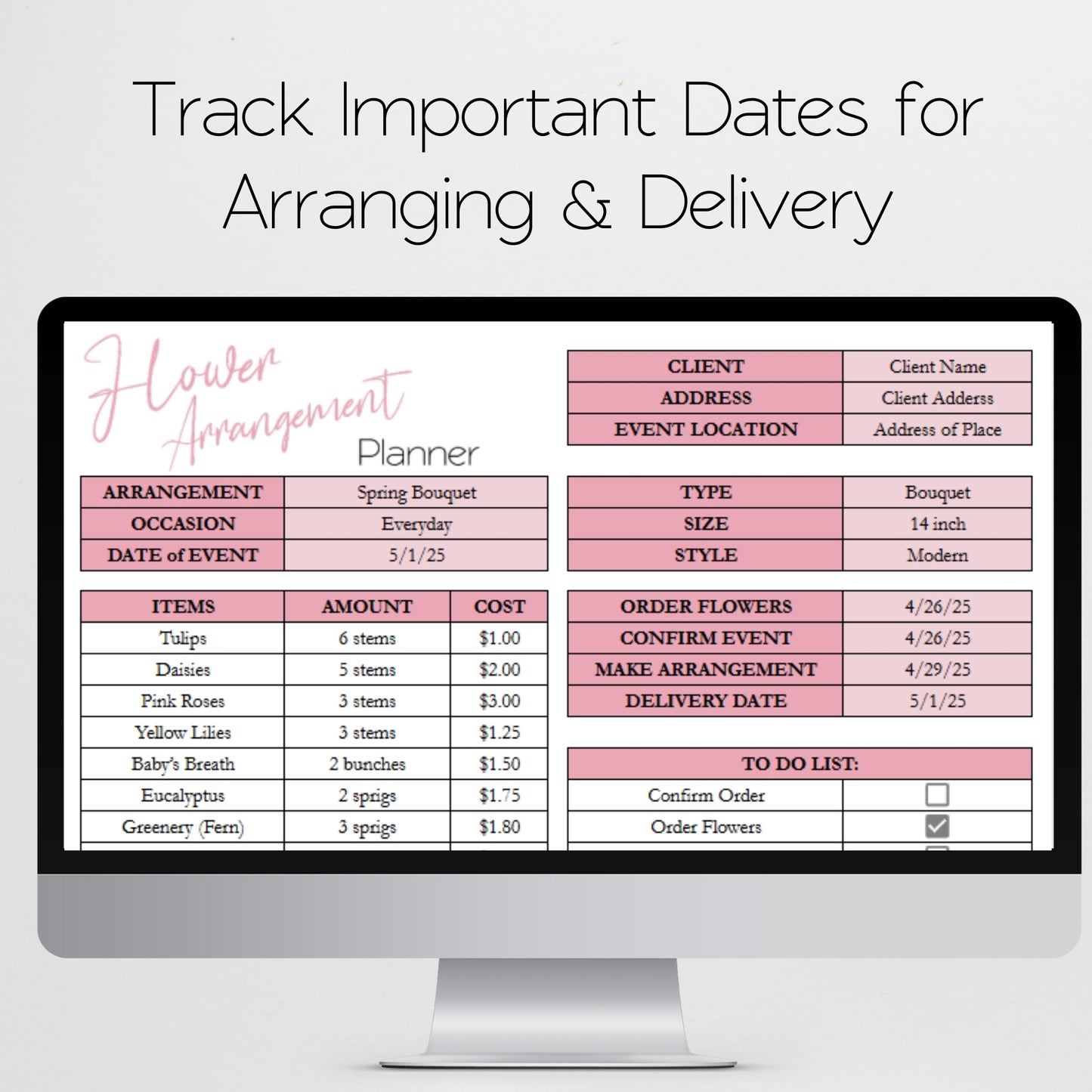 Flower Arrangement Planner Template Google Sheets and Excel Spreadsheet