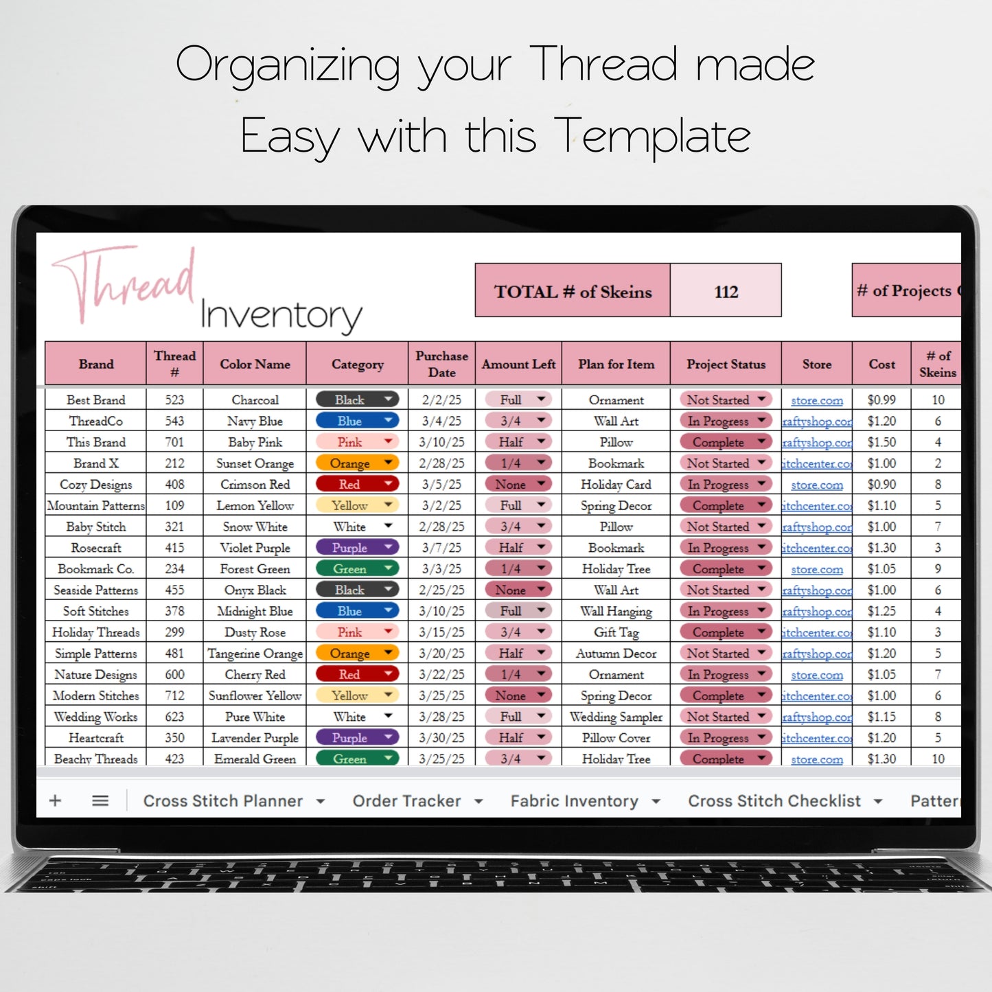 Cross Stitch Planner Template Google Sheet and Excel Spreadsheet