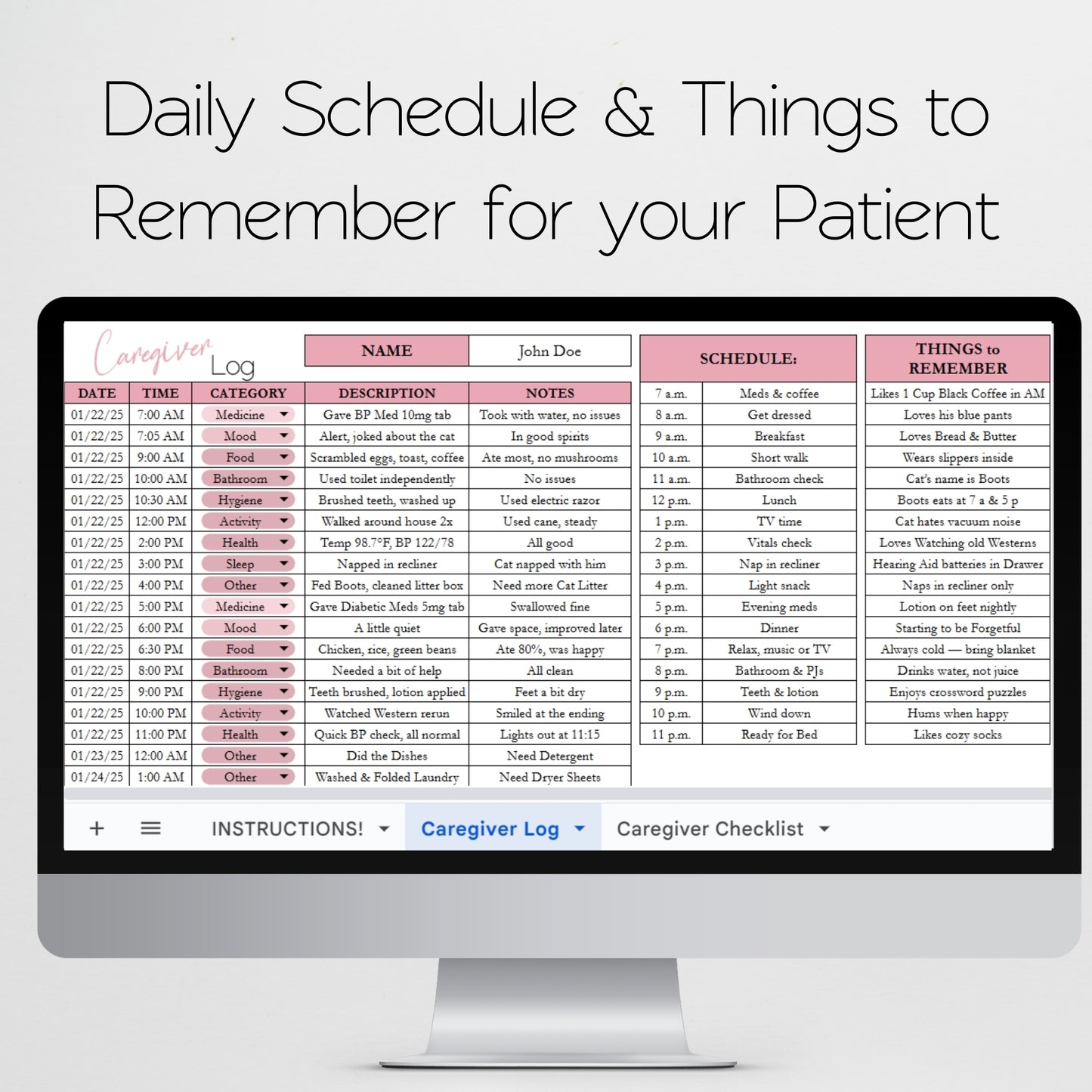 Caregiver Log & Caregiver Checklist Tracker Template for Google Sheets and Excel Spreadsheet