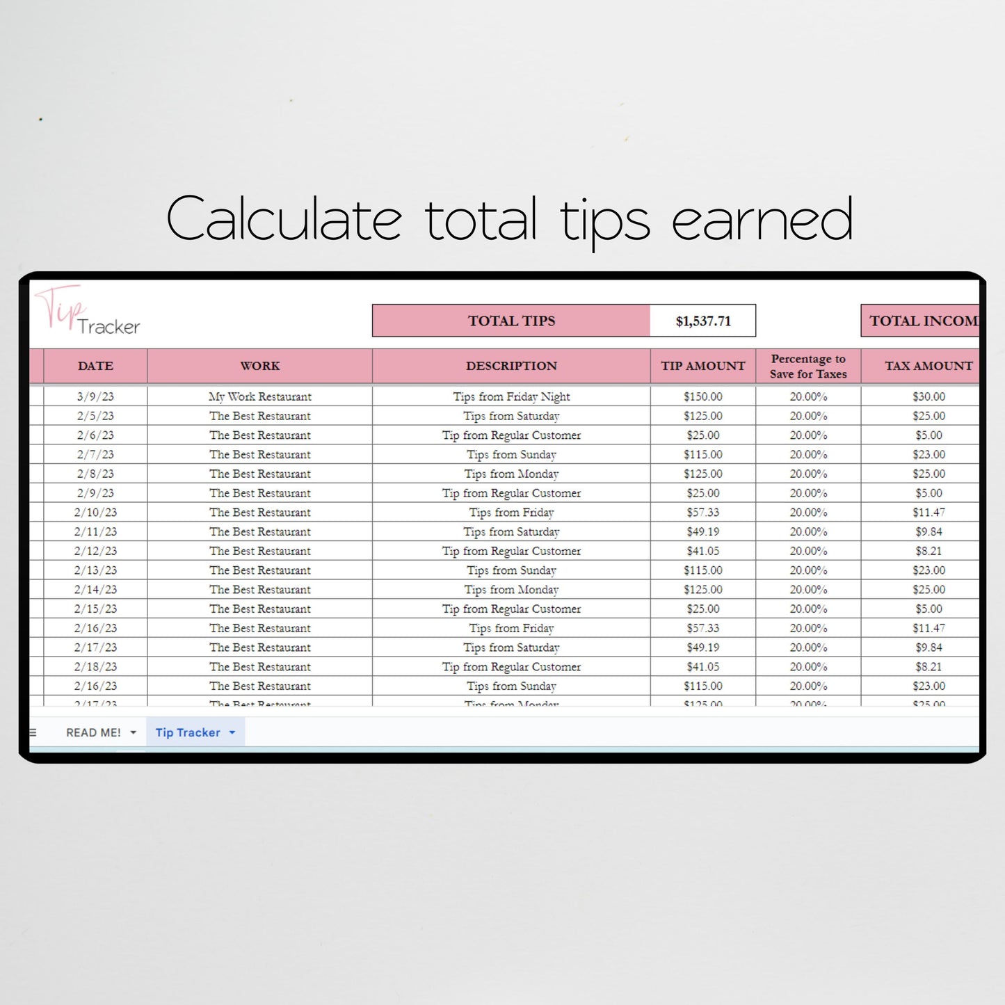 Tip Tracker Google Sheet and Excel Spreadsheet