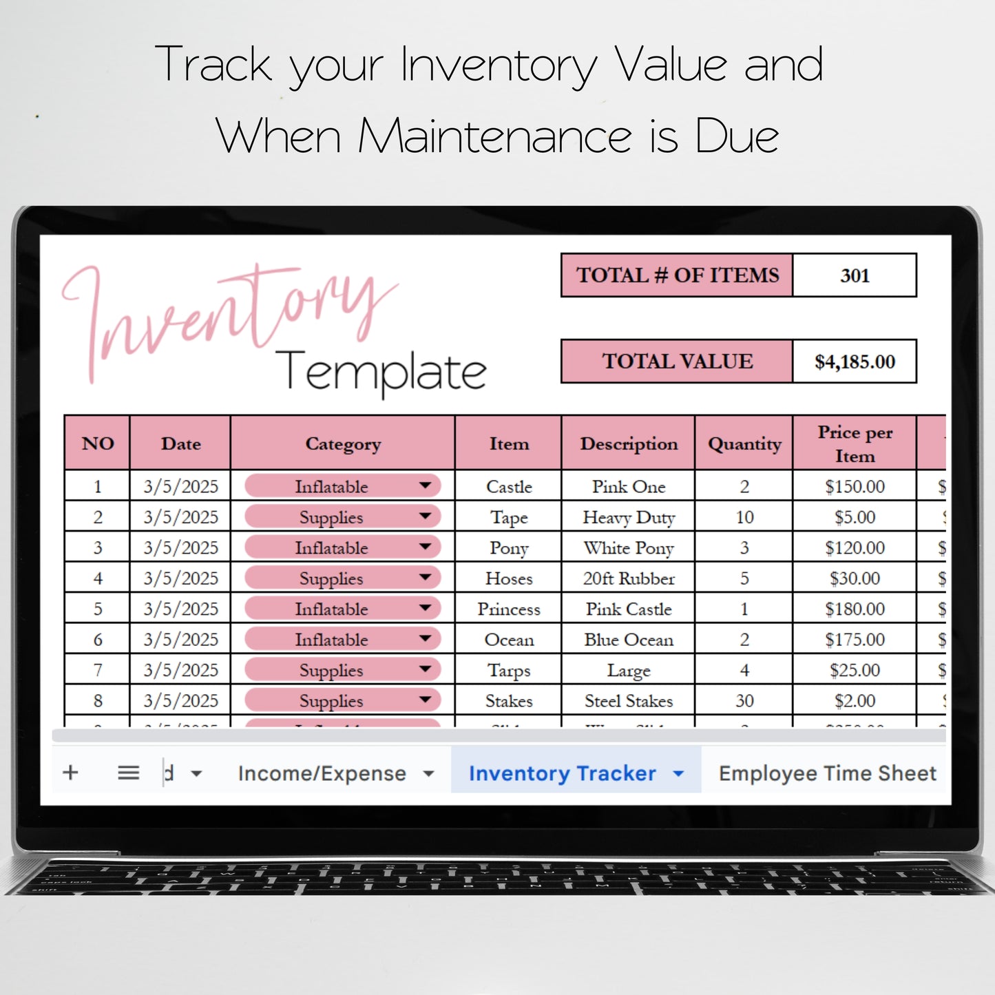 Bounce House Business Planner Template Google Sheet and Excel Spreadsheet