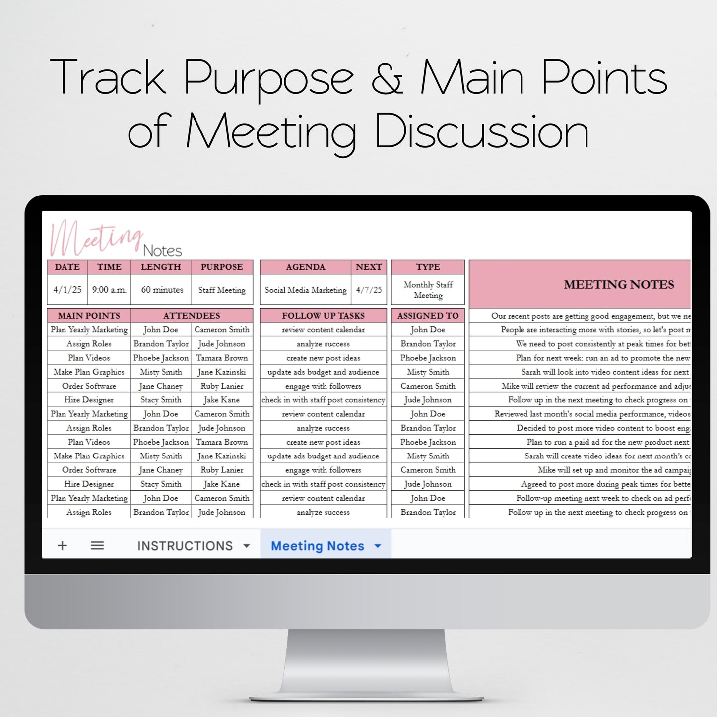 Meeting Notes Template Google Sheets and Excel Spreadsheet