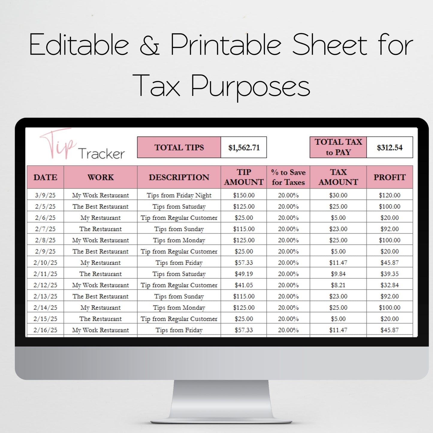 Tip Tracker Google Sheet and Excel Spreadsheet