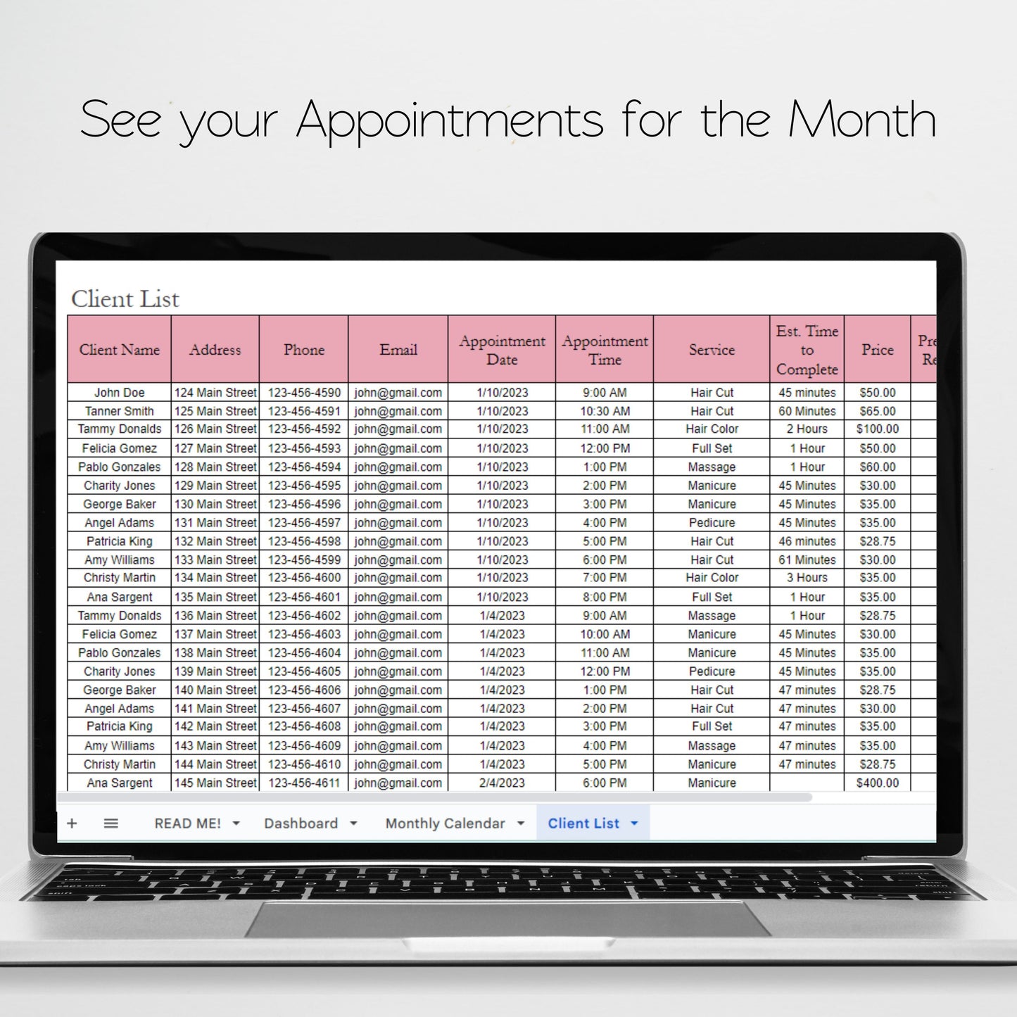 Salon Appointment Calendar Google Sheet Excel Spreadsheet